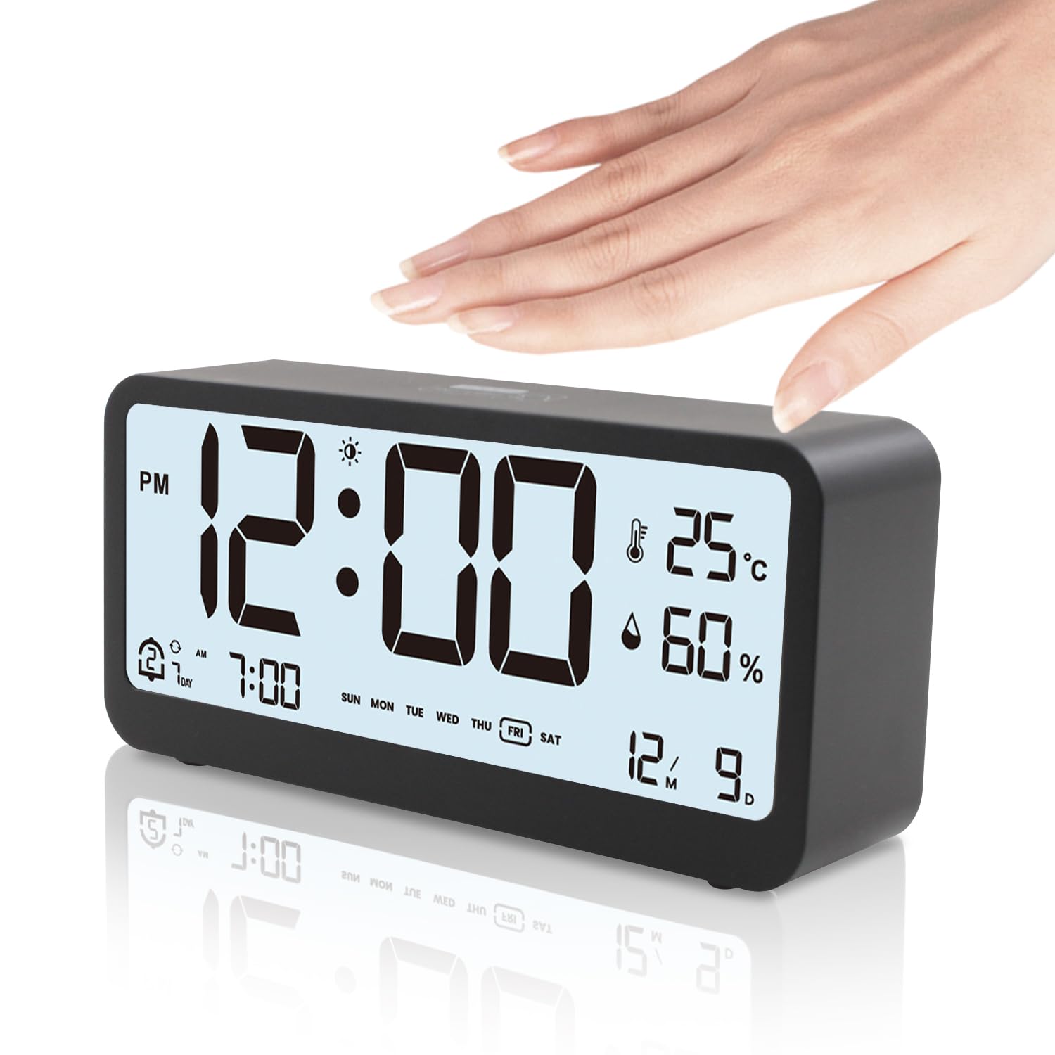 目覚まし時計 デジタル時計、Reviday 置き時計 2組アラーム 明るさ調整 見やすい 温度計・湿度計付き 卓上時計 多機能デジタル時計 静音 スヌーズ機能 夜間モード 白 日本語説明書付き ブラック（乾電池付属無し）
