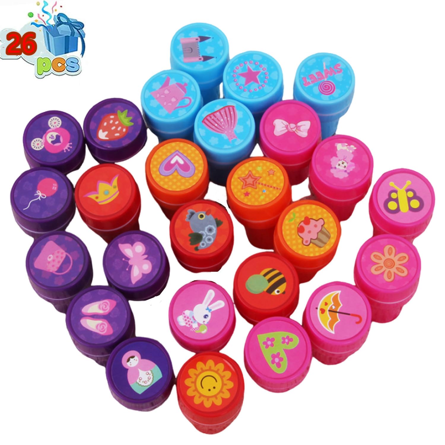 SensaBliss スタンプ かわいい 26個セット 縁日 景品 夏祭り子供 景品 可愛い おもちゃ ミニスタンプ 女の子 文房具 文具 おもちゃ はんこ インク付き 円形 玩具 誕生日 お祭り ごほうび プレゼント
