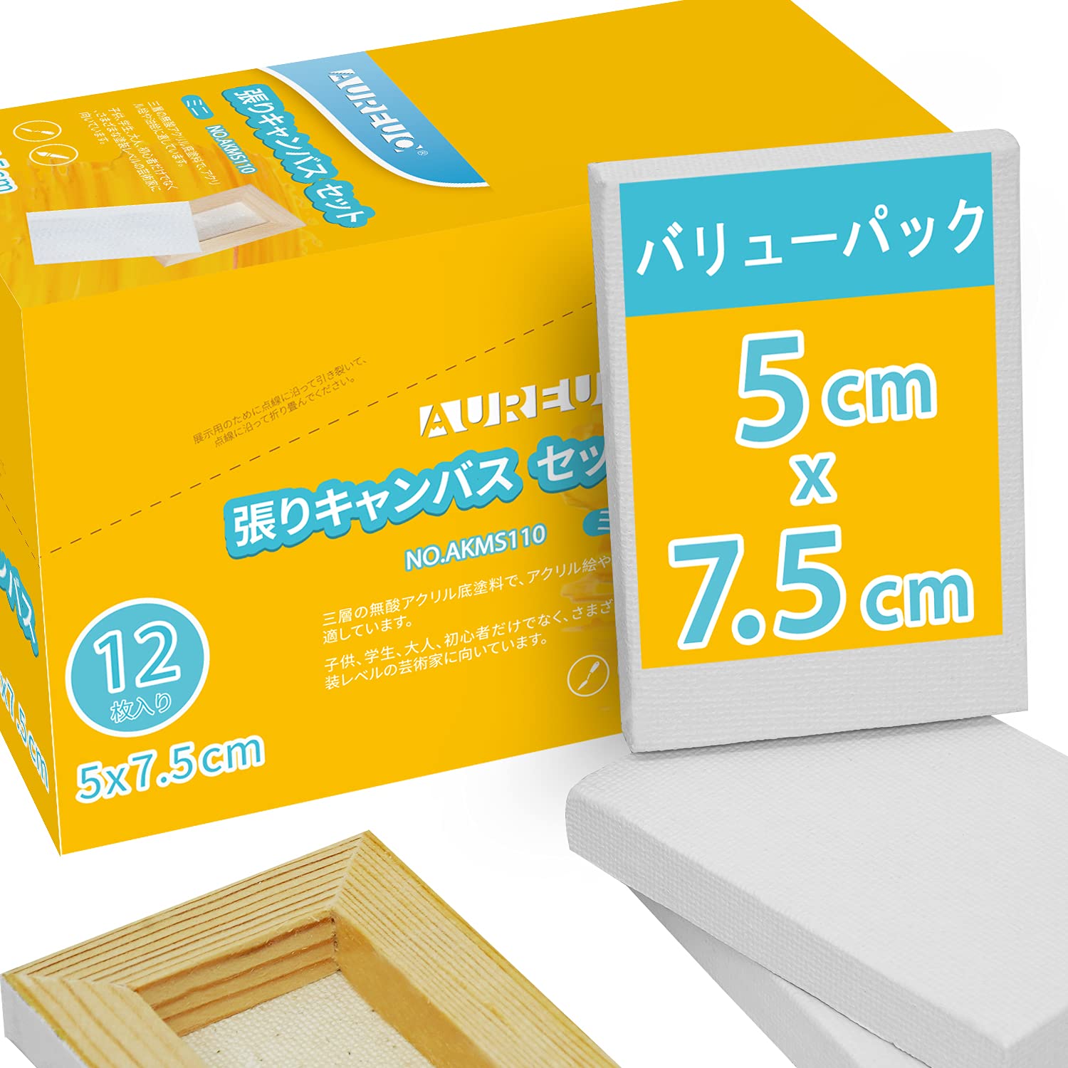 AUREUO ミニ 張りキャンバス 12枚 5CM×7.5CM - 中目 100％コットン 松木の枠 - 水彩絵・アクリル絵・油絵に適用 芸術絵創作 現代油絵 美術装飾