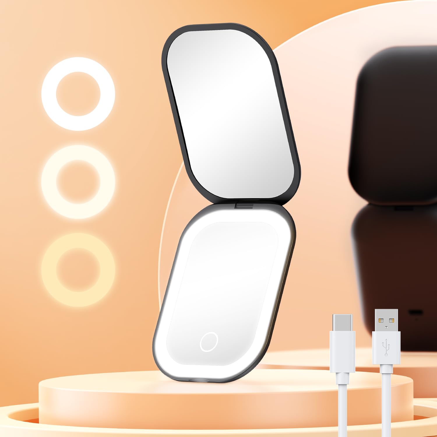 Gospire LEDミラー 1X/3X両面鏡 コンパクト 拡大鏡 携帯ミラー、3色調節可能ライト付き、メモリー機能 Type-C充電 オシャレ かわいい手鏡、...