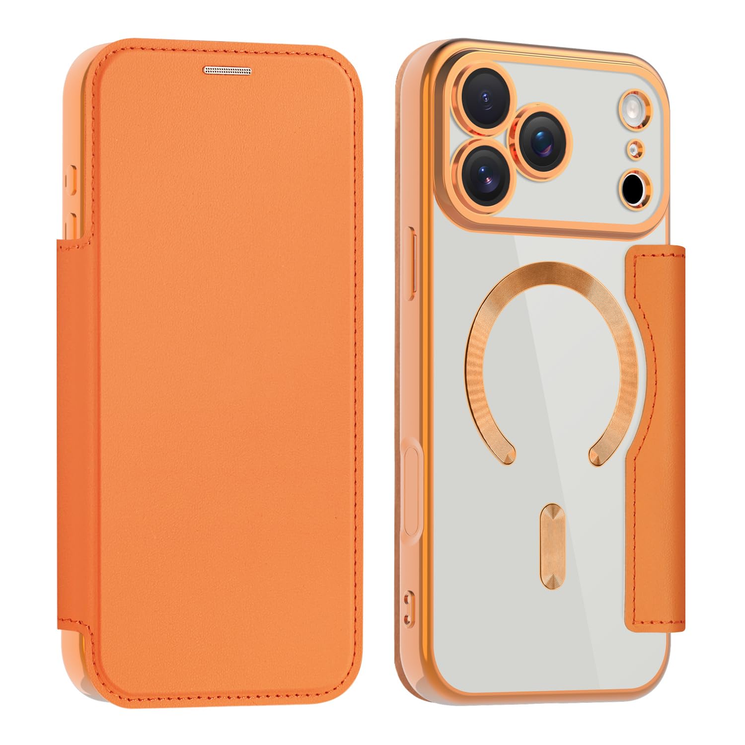 Rakuten - MuZiF iPhone 17 Pro Max 用 ケース 手帳型 Magsafe対応 クリア 背面 透明 高級なPUレザー 永久磁石 マグネット スマホケース カード収納、人気財布型 カバー 軽量 アイフォン17 Pro Max 用 手帳カバー (オレン