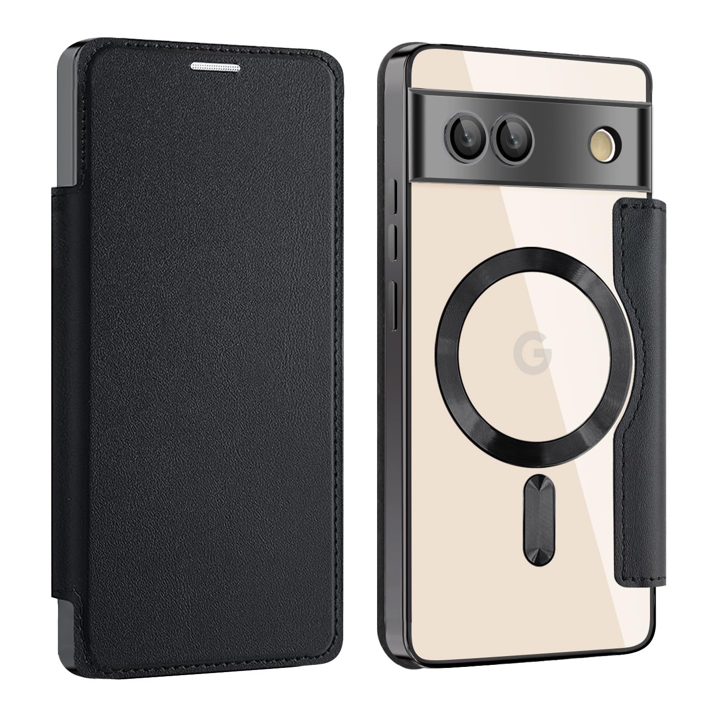 MuZiF Google Pixel 7a 用 ケース 手帳型 Magsafe対応 クリア 背面 透明 高級なPUレザー 永久磁石 マグネット スマホケース カード収納、人気財布型 カバー 軽量 ピクセル 7a 用 手帳カバー (Pixel 7a用,ブラッ
