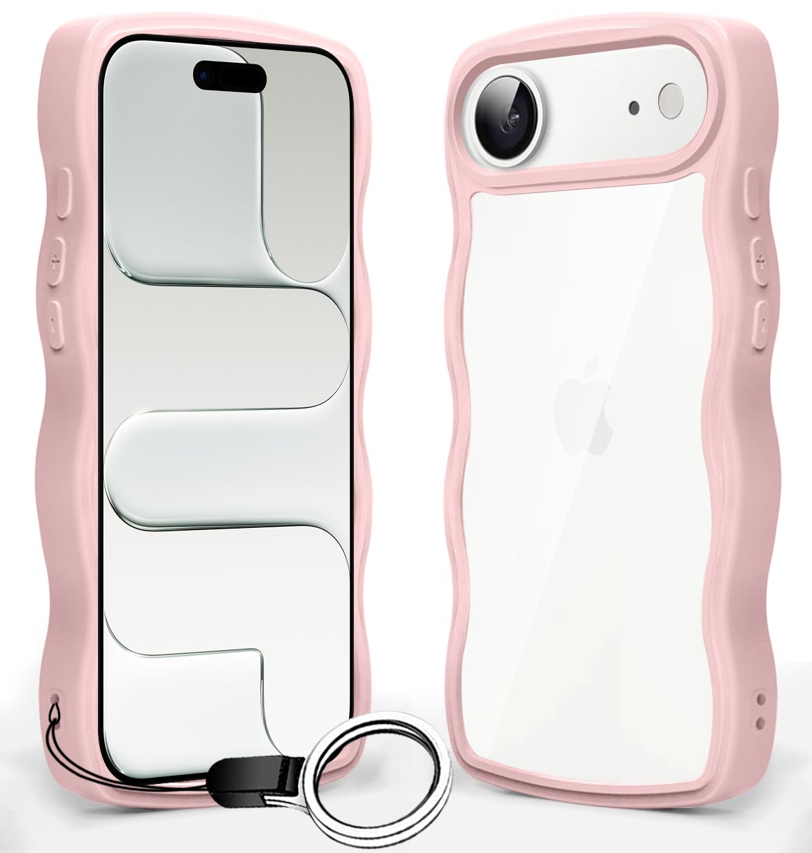 iPhone 17 Air 用 ケース クリア 波状フレーム グーグル アイフォン 17 Air 用 カバー 耐衝撃 うねうね 女性用 女子向け 人気 スマホケース 薄型 軽量 透明 TPU ストラップホール付き QIワイヤレス充電対応 (ピンク)