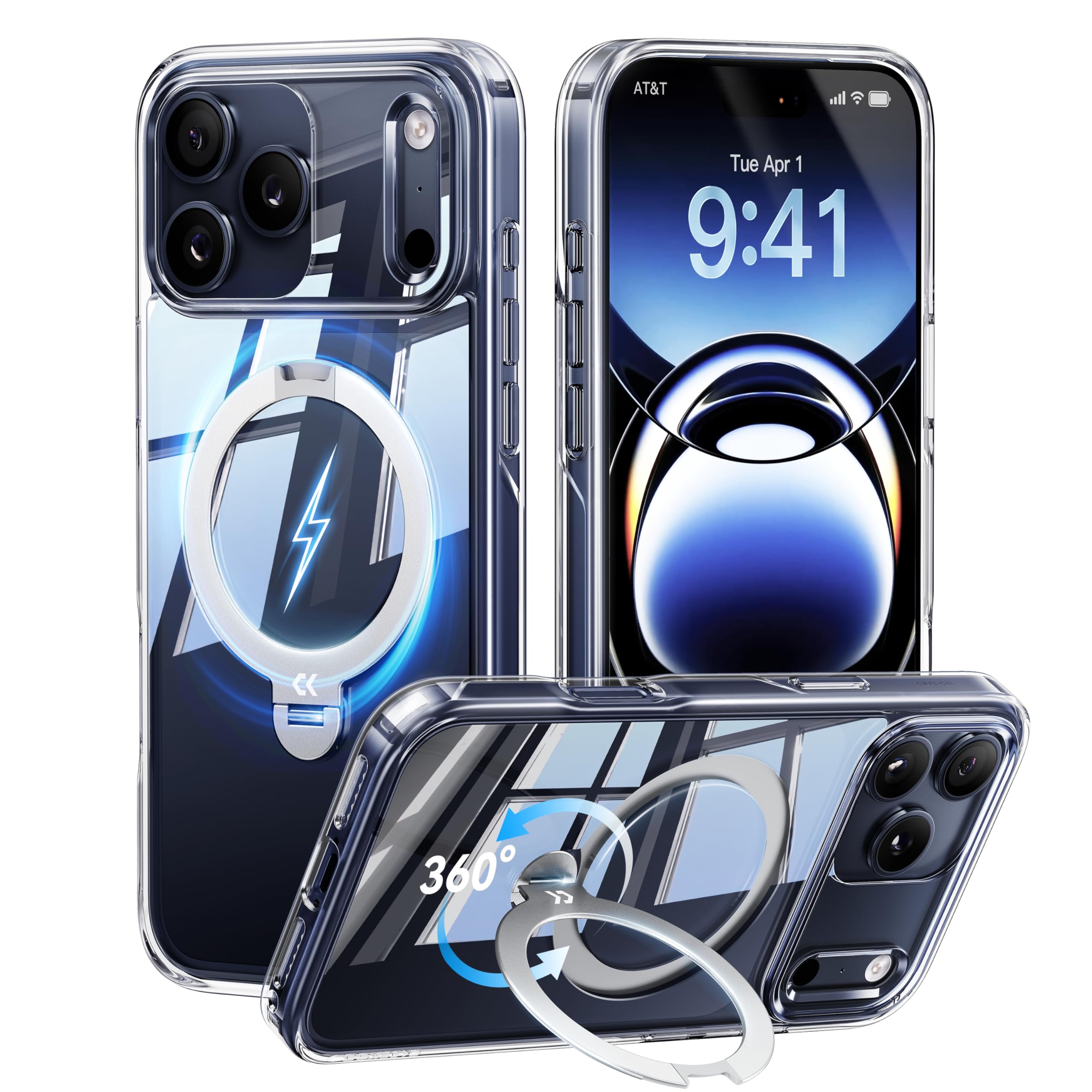 【透き通る上質感・定点360°回転】CASEKOO iPhone 17 Pro 用ケース クリア 耐黄変 横縦両立 角度自在 MagSafe対応 米軍規格保護 耐衝撃 高耐久性 超強磁力 最大25W急速充電対応 感 フィット感 ラップホール付き 透明 いp