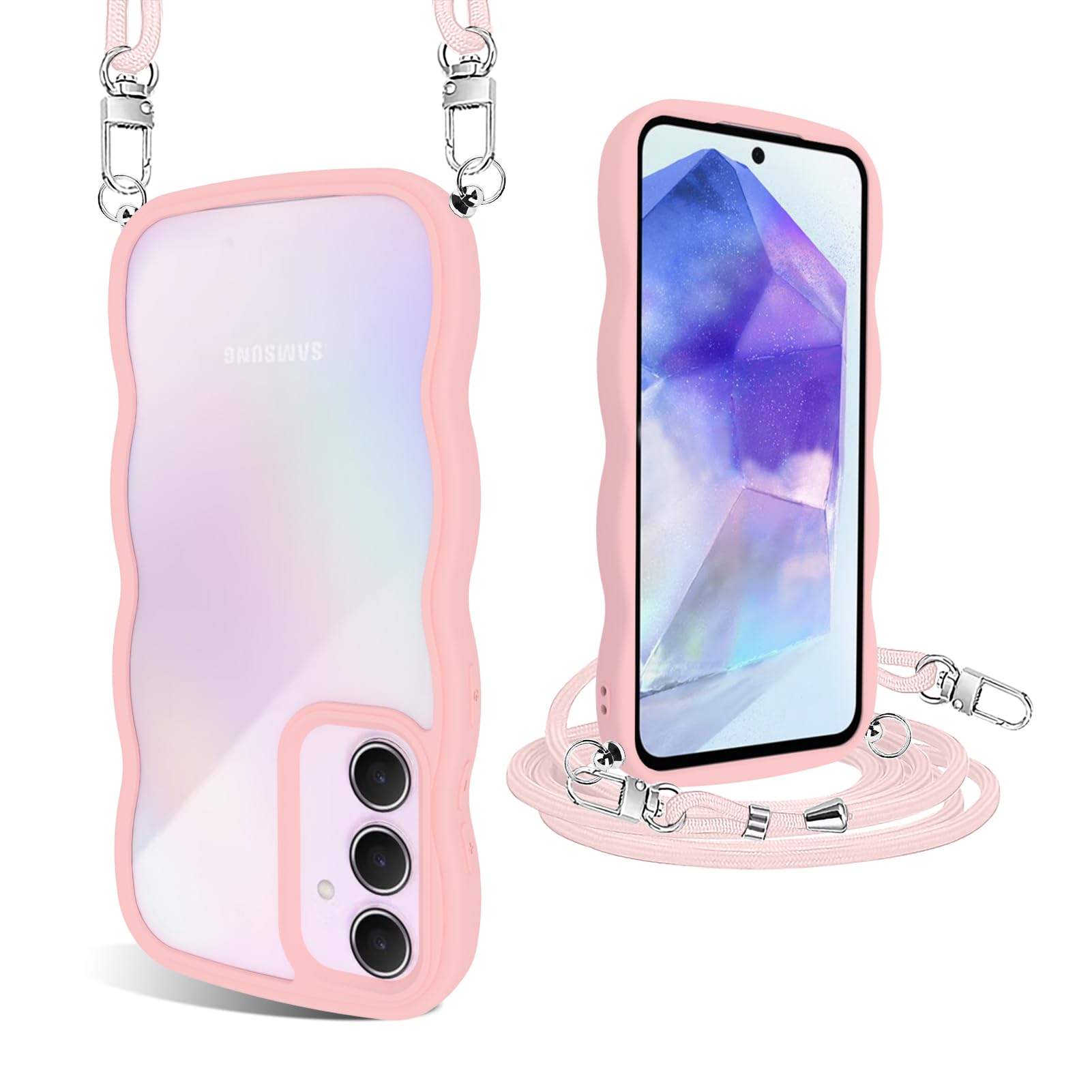 ・・【対応機種 & 品質保証】Galaxy A55 5G カバー。万が一、お届けした商品に破損や汚れなどがある場合、評価前にメールでご連絡を頂けください、お客様からのお問い合わせ内容に応じて商品交換或いは返金対応可能です。・【全面保護・滑り止め機能】カメラレンズの周りに段差をつけて擦り傷を防ぎます。携帯電話ケースの側面は波型のデザインを採用しており、グリップが良く、携帯電話が誤って落下するのを効果的に防ぎます。・【便利で実用・縄掛けケース】ショルダーストラップ付き、取り付けや長さ調整が非常に簡単。特にポケットのない服が多いので、外出時に肩にかけるととても便利です。ショルダーストラップは取り外し可能なので、それを使わなくても簡易的なスマホケースとして使用することができます。外出、登山、買い物、自撮り、電車内の時など日常生活からできるスマホ紛失・落下防止できるスマホネックストラップリングで両手を自由にし楽な日常ができます。・【高い透明度・抜群のフィット】透明度が高く、本体の鮮やかな色をそのまま映し出すことができ、 スマホ本体 のオリジナルのカラーを損ねません。・・【ボタンの正確さ】本体にぴったりフィイットするよう設計し、精巧をきわめていることの孔位で、また、各ボタン位置にぴったりフィットし、つけたままでボタンが押しやすいし、充電するやイヤホンで音楽を聴くことにも支障なく使用でき、携帯へ負荷を掛けずに楽々装着できます。