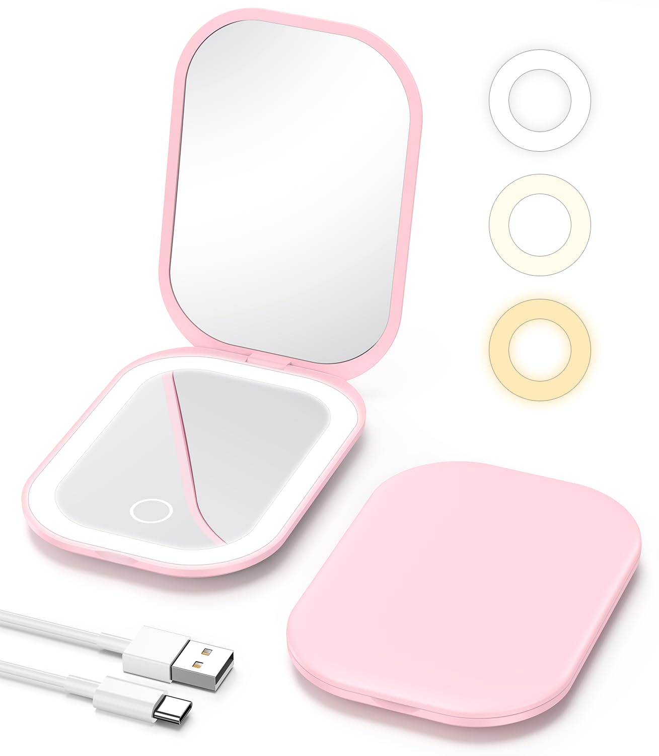 Gospire LEDミラー 1X/3X両面鏡 コンパクト 拡大鏡 携帯ミラー、3色調節可能ライト付き、メモリー機能 Type-C充電 オシャレ かわいい手鏡、...