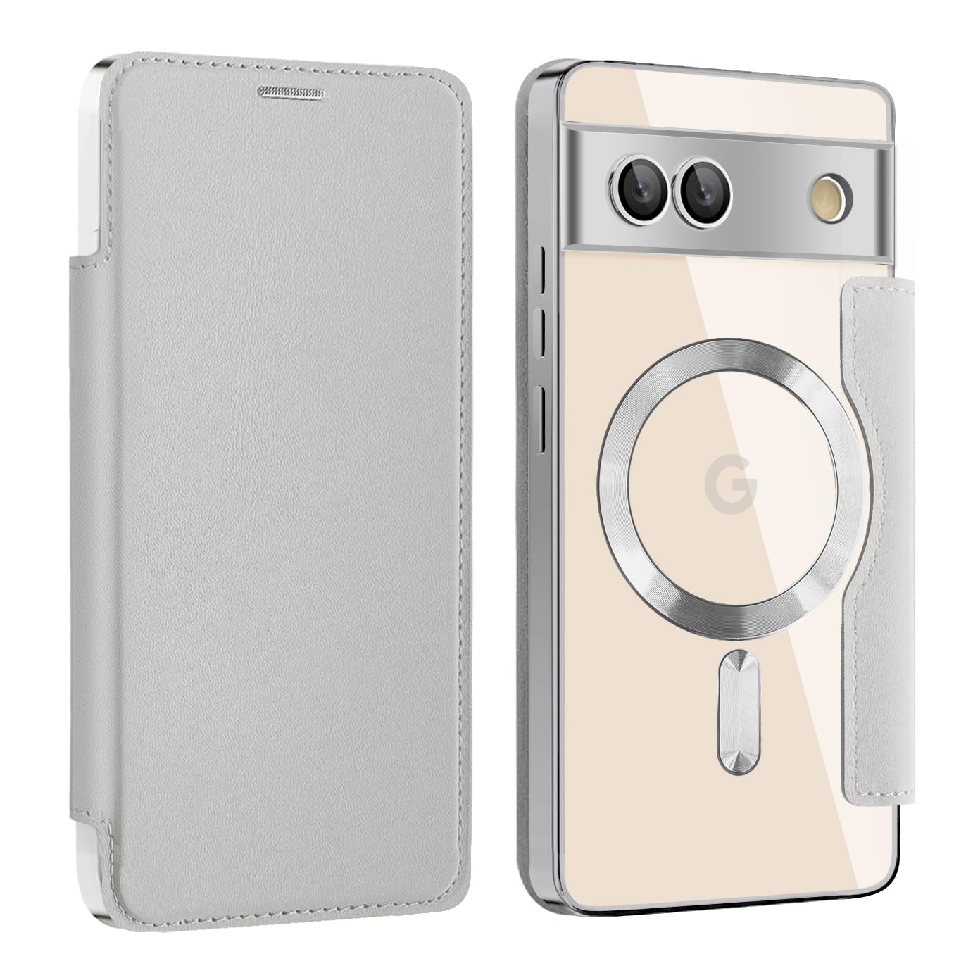 MuZiF Google Pixel 7a 用 ケース 手帳型 Magsafe対応 クリア 背面 透明 高級なPUレザー 永久磁石 マグネット スマホケース カード収納、人気財布型 カバー 軽量 ピクセル 7a 用 手帳カバー (Pixel 7a用,チタン
