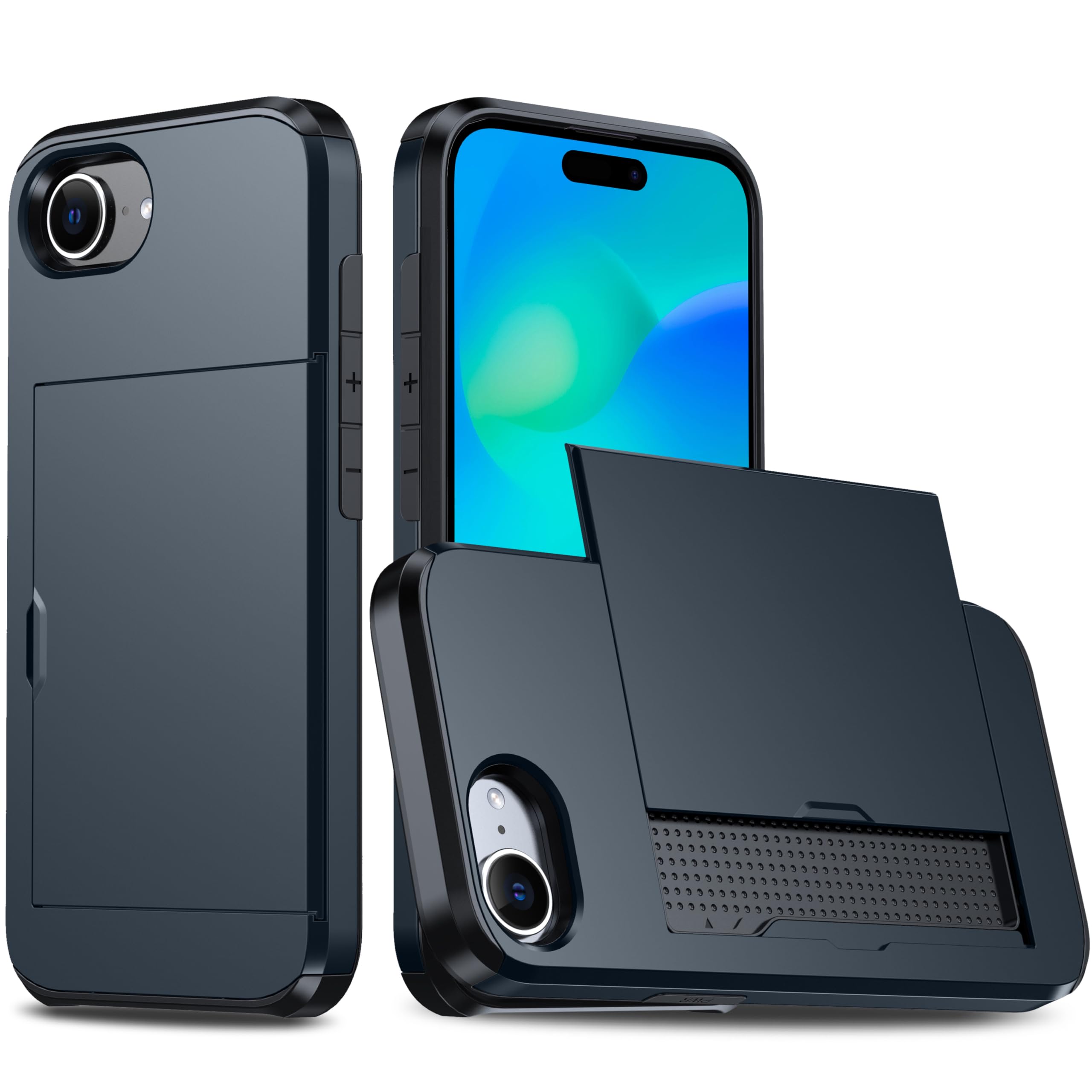 Rakuten - MuZiF iPhone 16e 用 ケース カード収納 耐衝撃構造 米軍耐衝撃 全面保護 擦り傷防止 PC 背面収納 アイフォン16e 用 カバー ケース（iPhone 16e用,ネイビー）