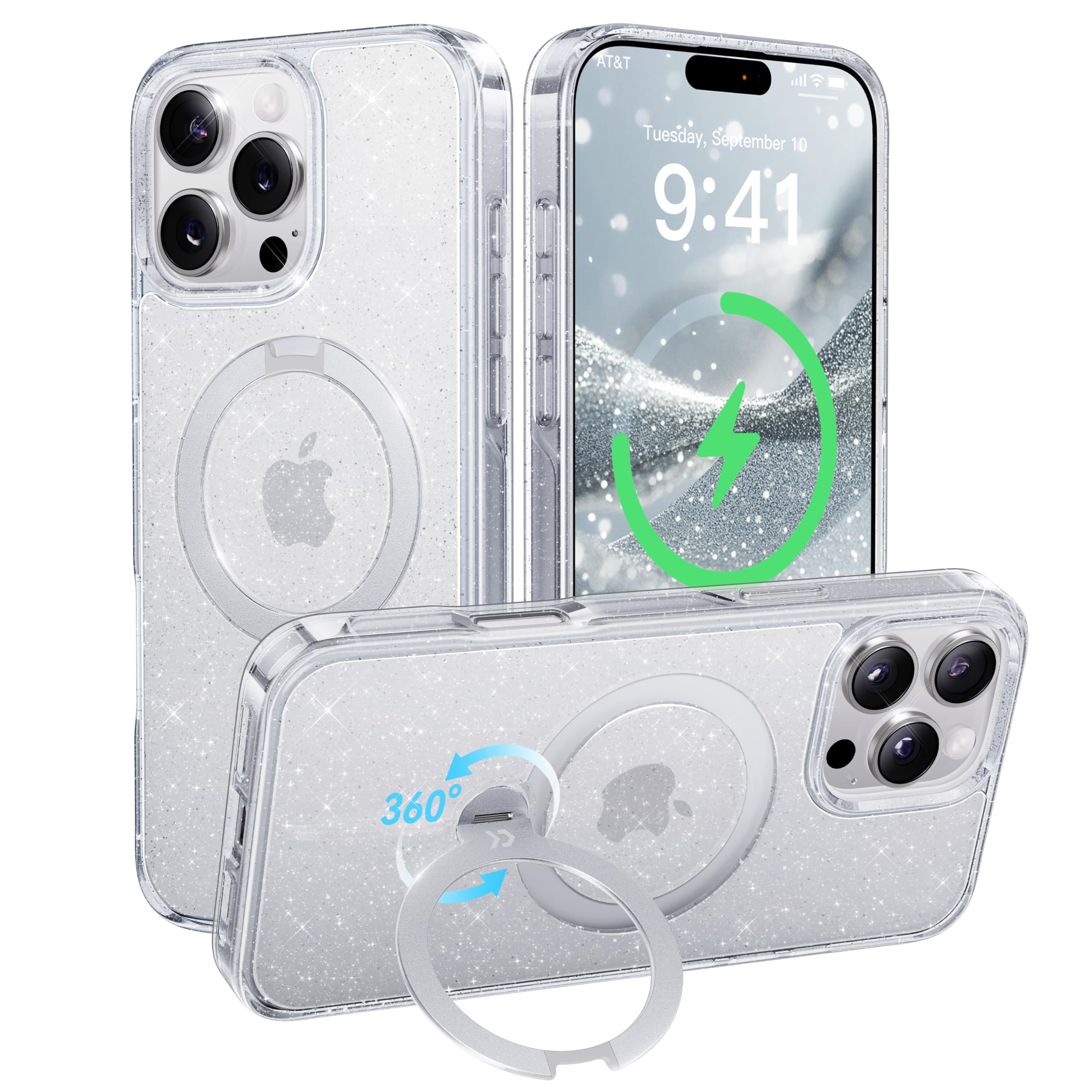 【透き通る上質感・定点360°回転】CASEKOO iPhone 16 Pro Max 用ケース キラキラ クリア 米軍規格保護 フィット感 MagSafe対応 最大25W急速充電対応 横縦両立 角度自在 超強磁力 耐衝撃 高耐久性 ラップホール付き 透明