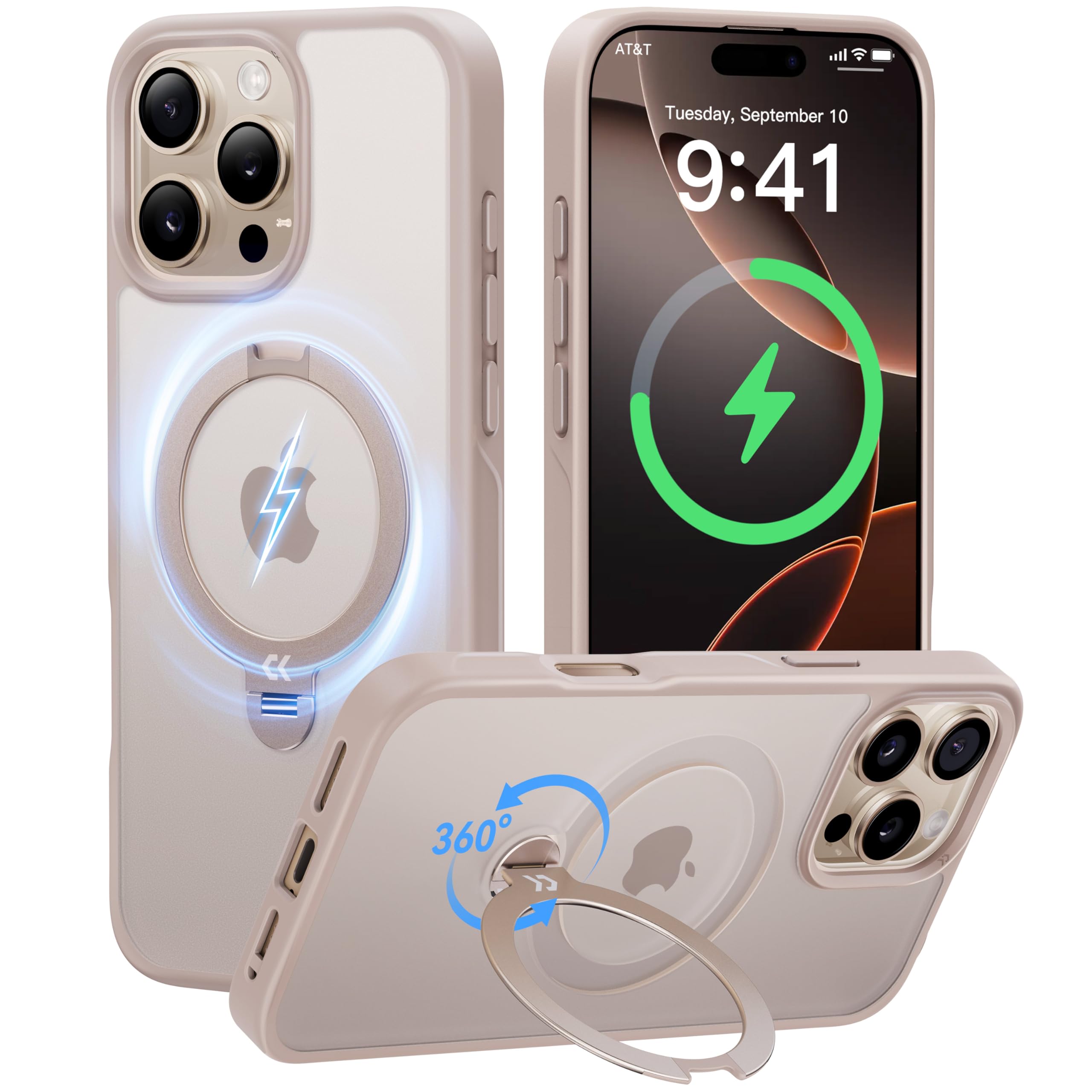 【2025最高傑作&定点360度回転】CASEKOO iPhone 16 Pro 用 ケース 米軍MIL規格 耐衝撃 MagSafe対応 高耐久性【横縦両立・角度自由調整】最大25W急速充電対応 指紋防止/マット仕上げ/黄変防止/半透明 ラップホール付き