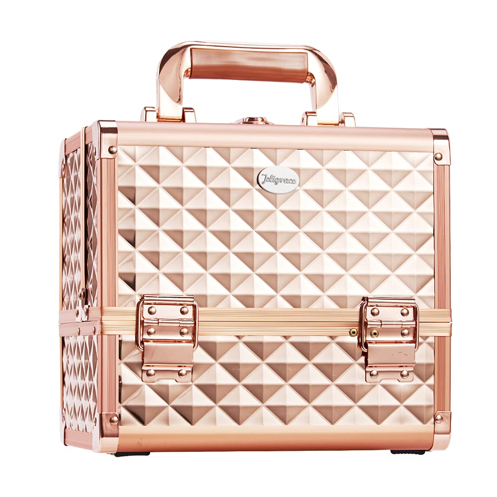 Hapilife メイクボックス 3段トレイ プロ仕様 化粧品収納 コスメ収納 ジュエリー ネイル用品 メイク道具 コスメボックス 鏡付き 化粧ボックス 化粧箱 収納ボックス 鍵付き 母の日のプレゼント (ローズゴールド)