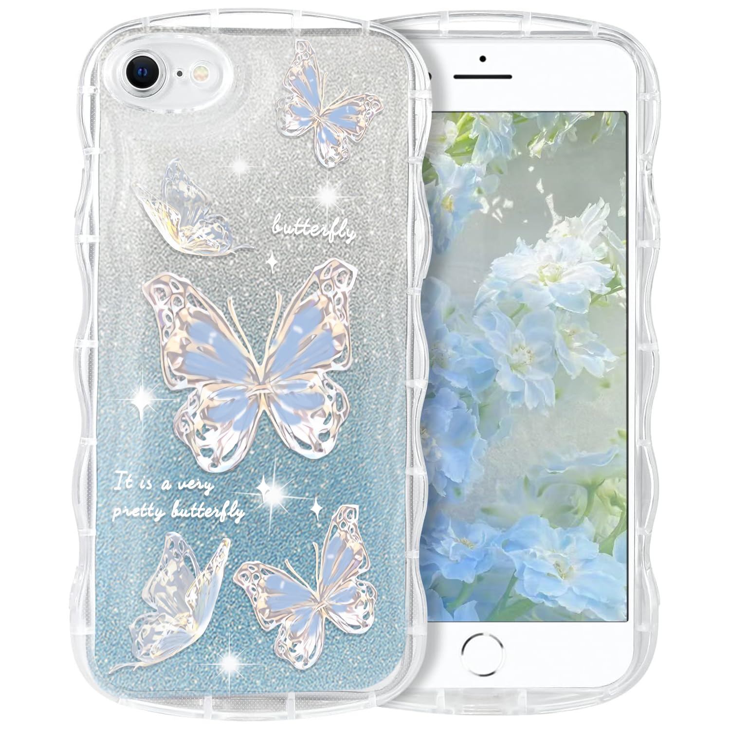 Rakuten - MuZiF iPhone 17e 用 ケース クリア キラキラ 可愛い ちょう ウェーブ TPUソフト 透明 かわいい 韓国 薄くて軽い 人気 おしゃれ スマホケース 耐衝撃 携帯カバー アイフォン17e 用 クリアケース (iPhone 17e用,ブルー