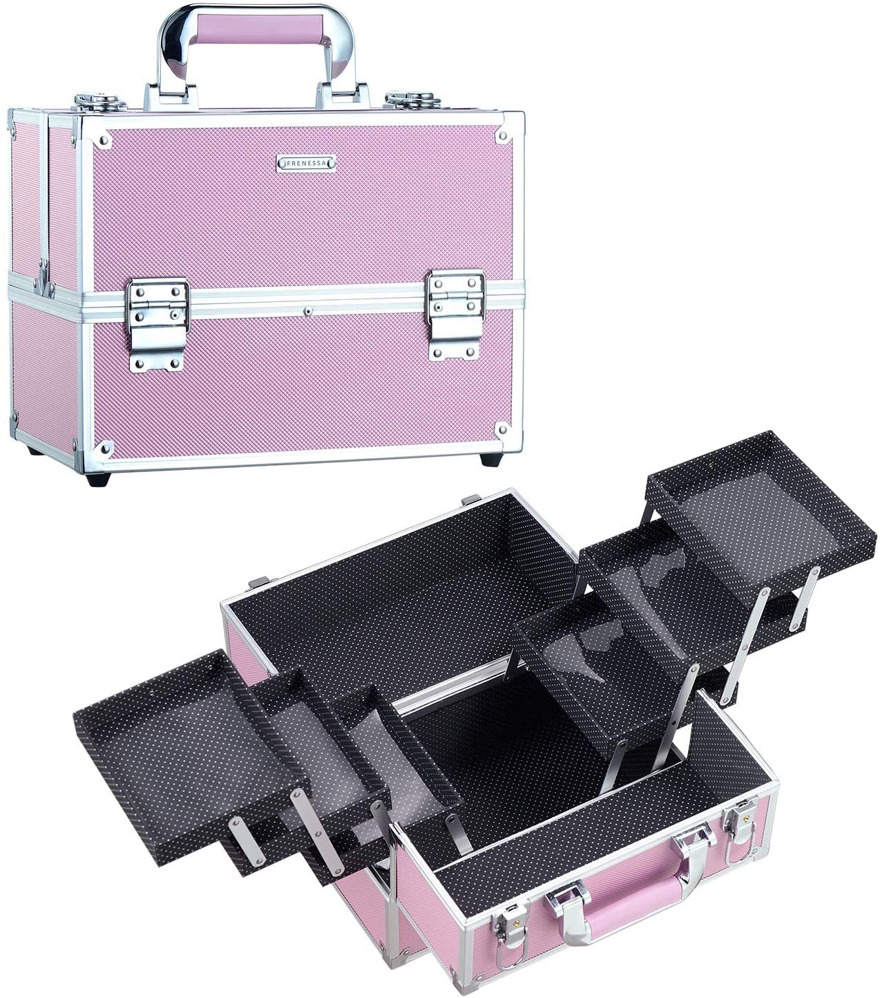 Hapilife メイクボックス 大容量 プロ仕様 コスメボックス 6段トレイ 化粧箱 化粧ボックス コスメ収納 メイク道具 化粧品収納ボックス 鍵付き (ピンク)