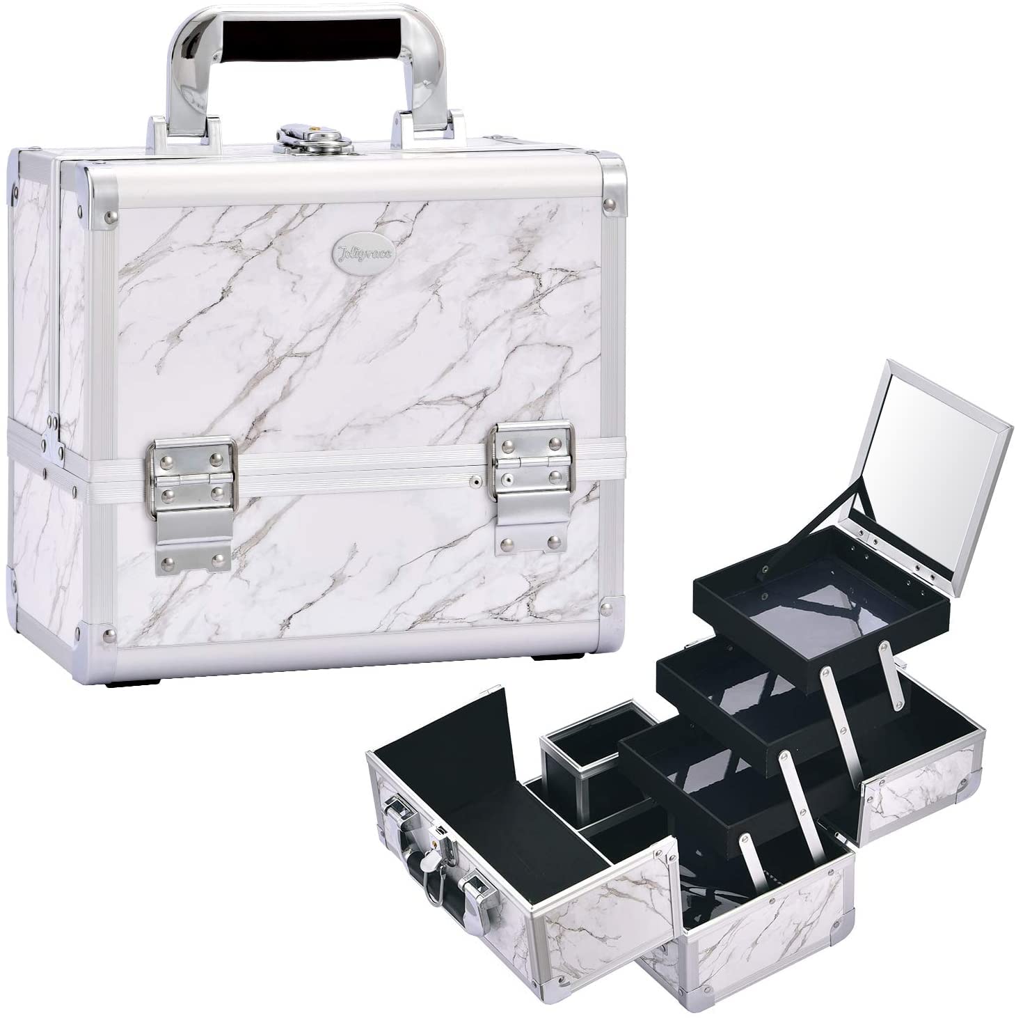 Hapilife コスメ メイク ボックス 鏡付き 大容量 ブラシ立て 3段トレイ 化粧箱 化粧品 収納 メイクブラシケース 母の日のプレゼント (大理石柄-ホワイト)
