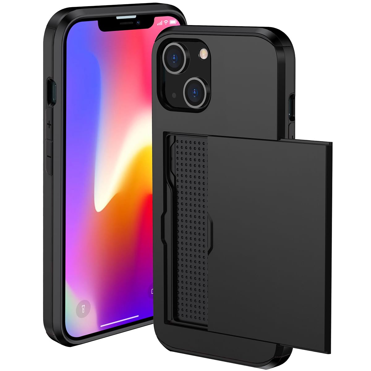 Rakuten - MuZiF iPhone 13 Mini 用 ケース カード収納 耐衝撃構造 米軍耐衝撃 全面保護 擦り傷防止 PC 背面収納 アイフォン13 Mini用 5.4インチ カバー ケース（iPhone 13 Mini用,ブラック）