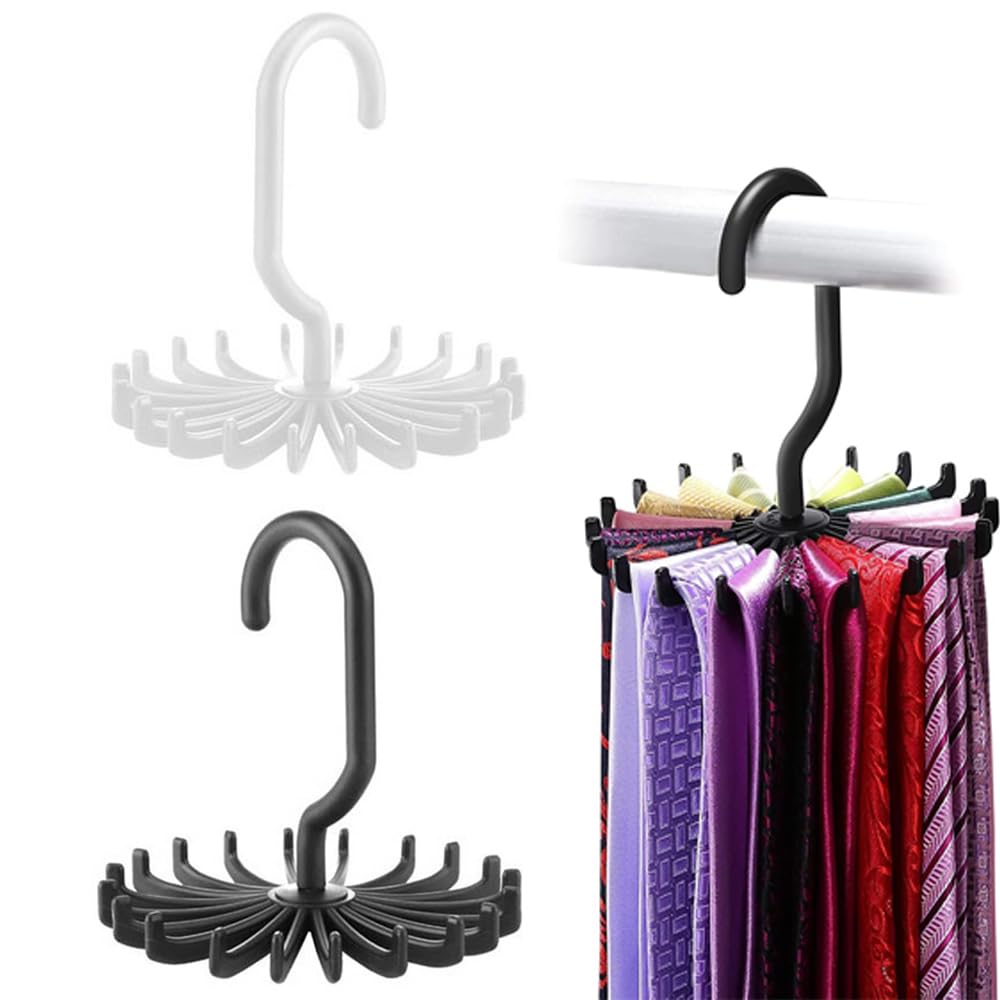 ネクタイ収納ハンガー 円形 360度回転 省スペース収納アイテム 20本のネクタイを収納可能 回転式ネクタイラック 収納フック ワードローブオーガナイザー収納用ハンガーホルダーフック （1白+1ブラック）
