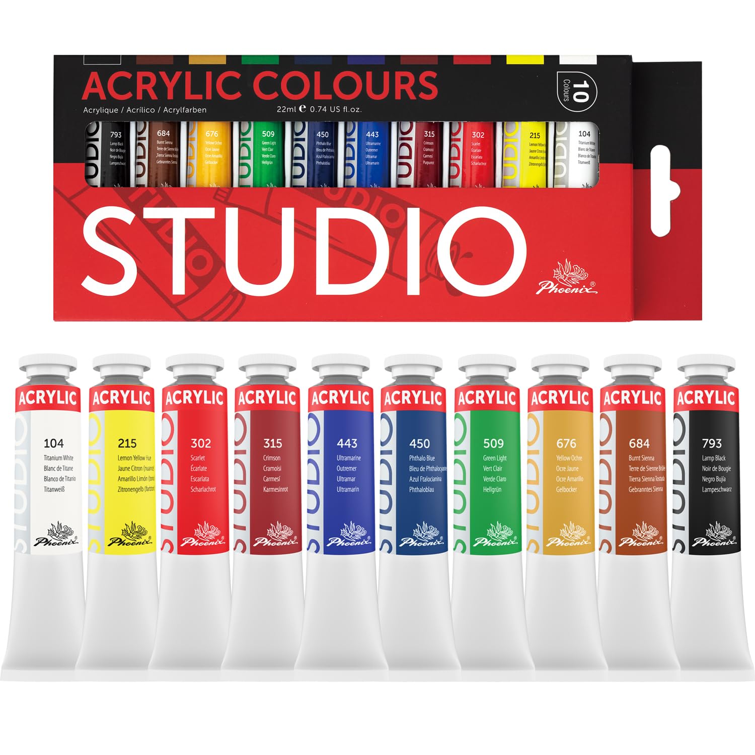 PHOENIX アクリル絵具セット ・ 10色×22mlチューブ 無毒クラフト用カラー キャンバス・木材・陶器に適用 - アーティスト・学生・初心者向け