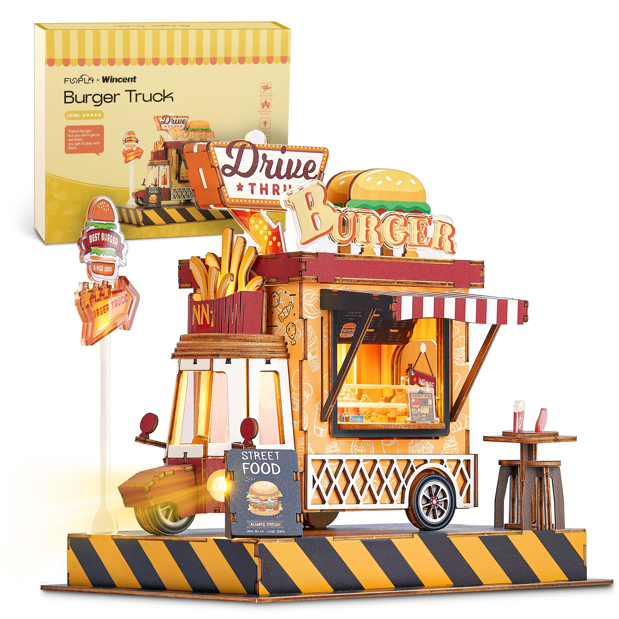 FUNPOLA 立体パズル 3Dパズル 木製パズル DIYミニチュア クラフトキット 組み立てキット LEDライト付き 手作り 家の装飾 知育玩具 子供と大人向け 説明書付き 贈り物 ギフトアイデア 183PCS (ハンバーガーの車)