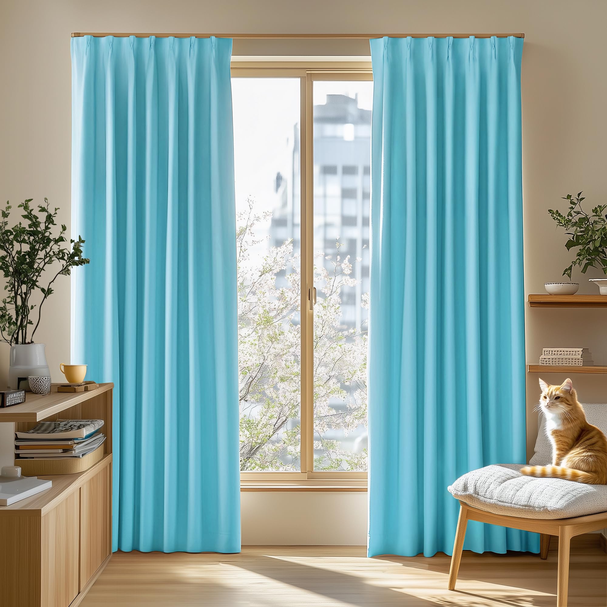 Rakuten - Deconovo カーテン 2級遮光 2枚組 幅100×丈110cm 厚手 ドレープ 形態記憶 洗濯OK UVカット 遮光率99.91% やさしい採光と目隠し 省エネ 寝室 リビング用 アジャスターフック対応 ターコイズブルー