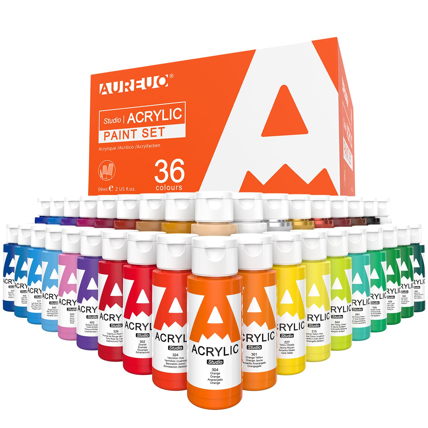 Rakuten - AUREUO ベーシック色 アクリル絵の具セット 36色x59 ml - キャンバス、ウッド、ロックなど用の無毒顔料 - 趣味の画家、絵画愛好家、初心者向けの絵具