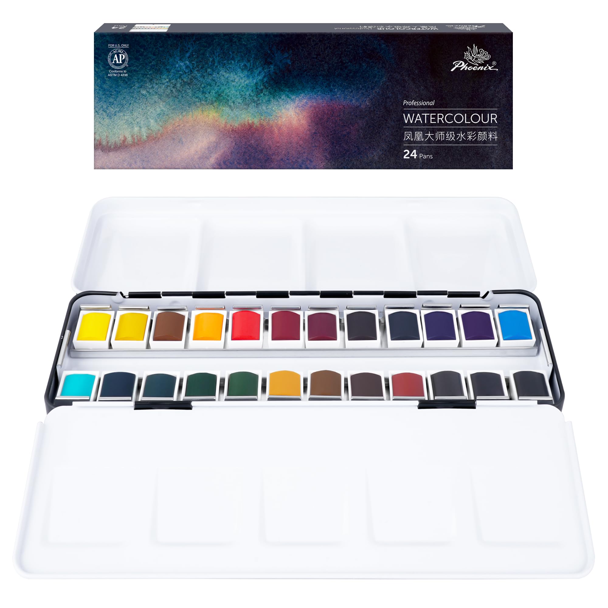 PHOENIX プロフェッショナル水彩絵具セット ・ 24色ハーフパン 専門品質ピグメント水彩/パレット付きの..