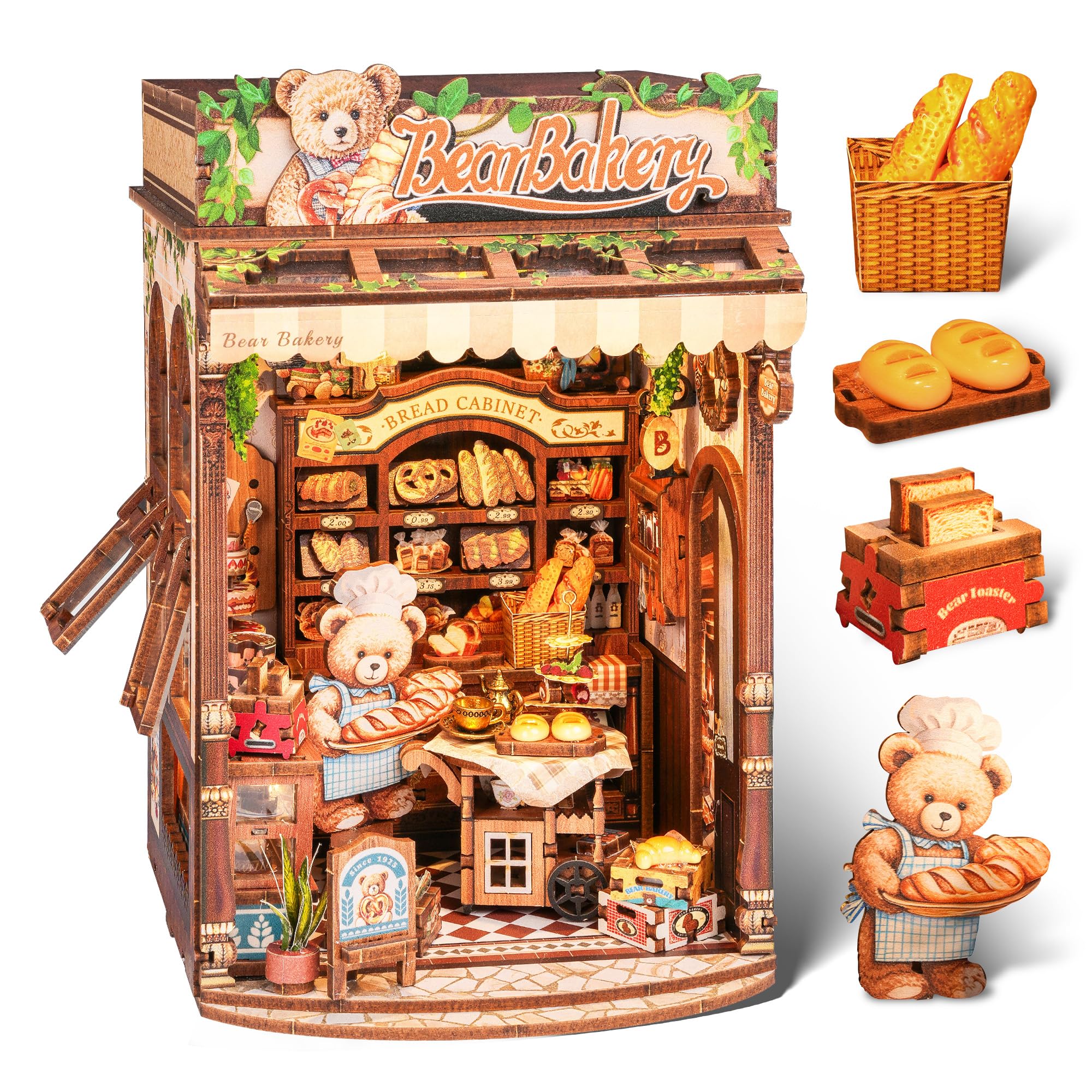 FUNPOLA 立体パズル 3Dパズル ブックヌック キット 木製パズル DIY ミニチュア ドールハウス 本棚入れ ブックエンド 展示用 クラフトセット 10代 初心者や中学生向け 240PC (くまくまベーカリー)