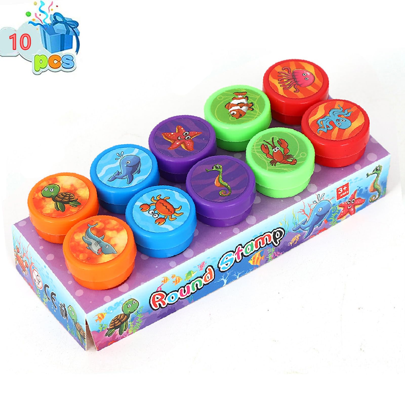 SensaBliss スタンプ かわいい 10個セット 縁日 景品 夏祭り子供 景品 かいよう動物 おもちゃ ミニスタンプ 女の子 男の子 文房具 文具 はんこ インク付き 可愛い 円形 玩具 誕生日 お祭り ごほうび プレゼント くじ引き用・