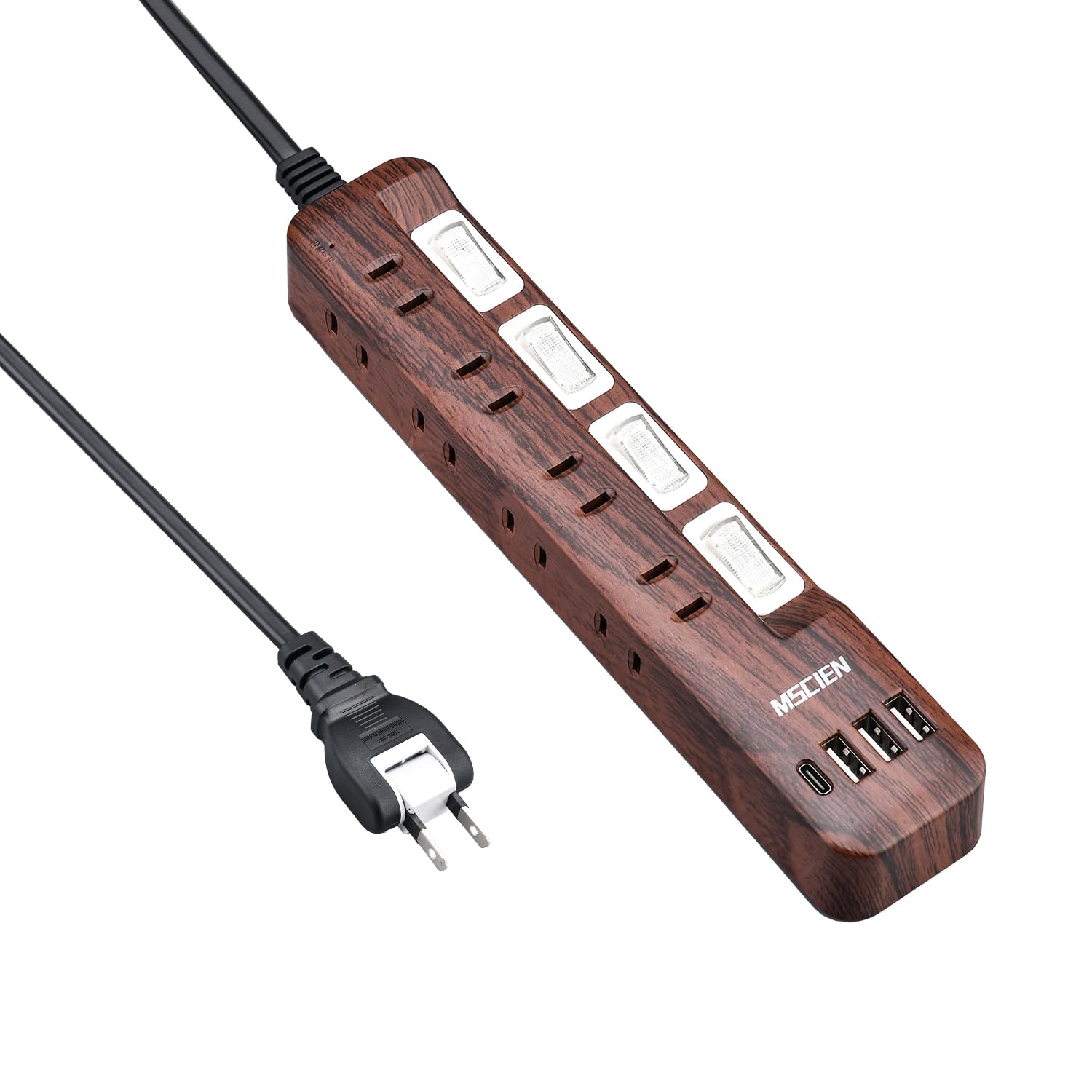 Mscien エムサイン 延長コード 3m 電源タップ usb付き コンセント 雷ガード usb-c マルチ スイッチ たこあし分岐 oaタップ テーブルタップ スイングプラグ 壁掛け 木目調 ウォルナット