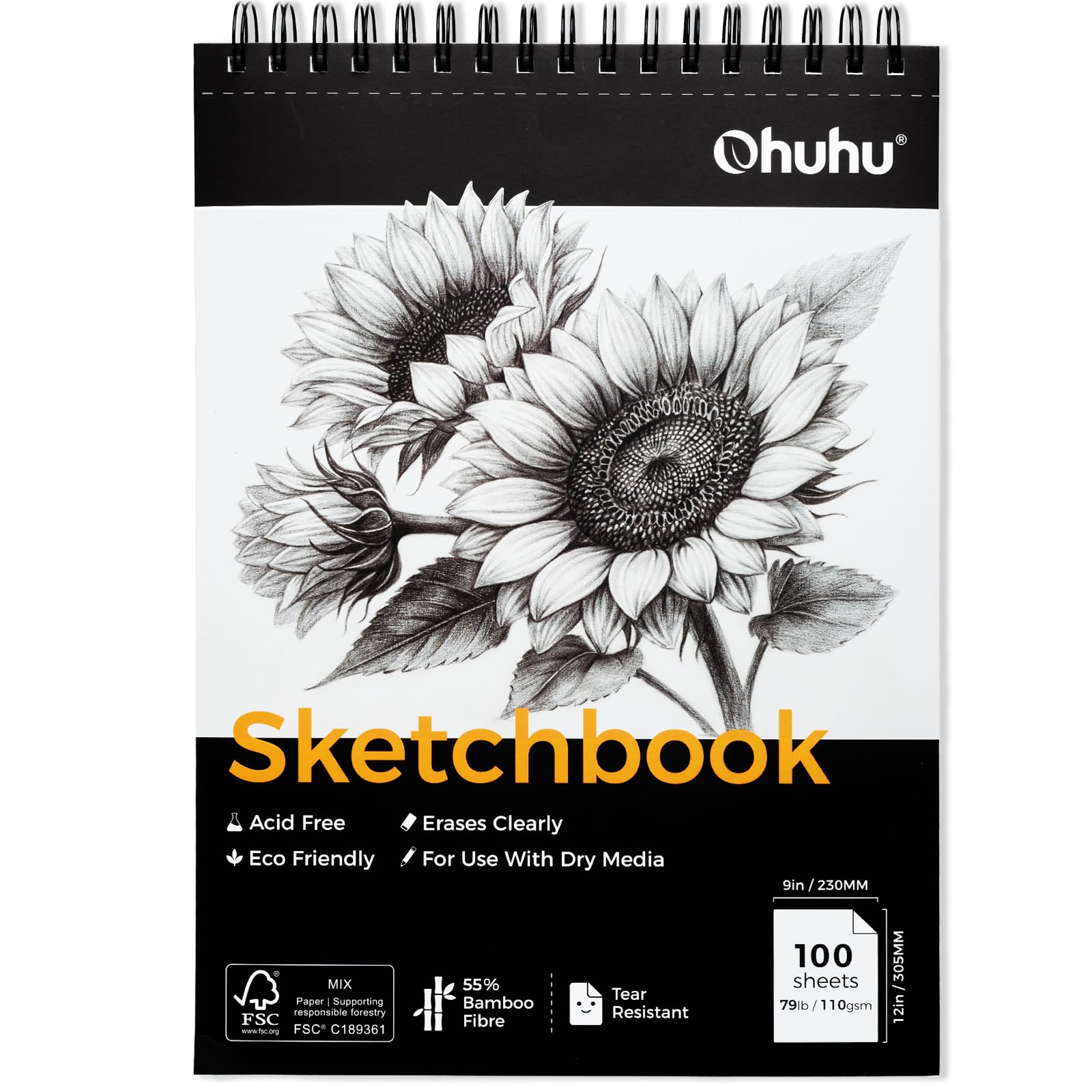 Ohuhu スケッチブック 229mmx305mm 110gsm 100枚 スパイラル製本 画用紙 お絵かき帳 落書き帳 メタリックペン/クレヨン/ボールペン/色鉛筆用 スケッチ イラスト 学校 旅行