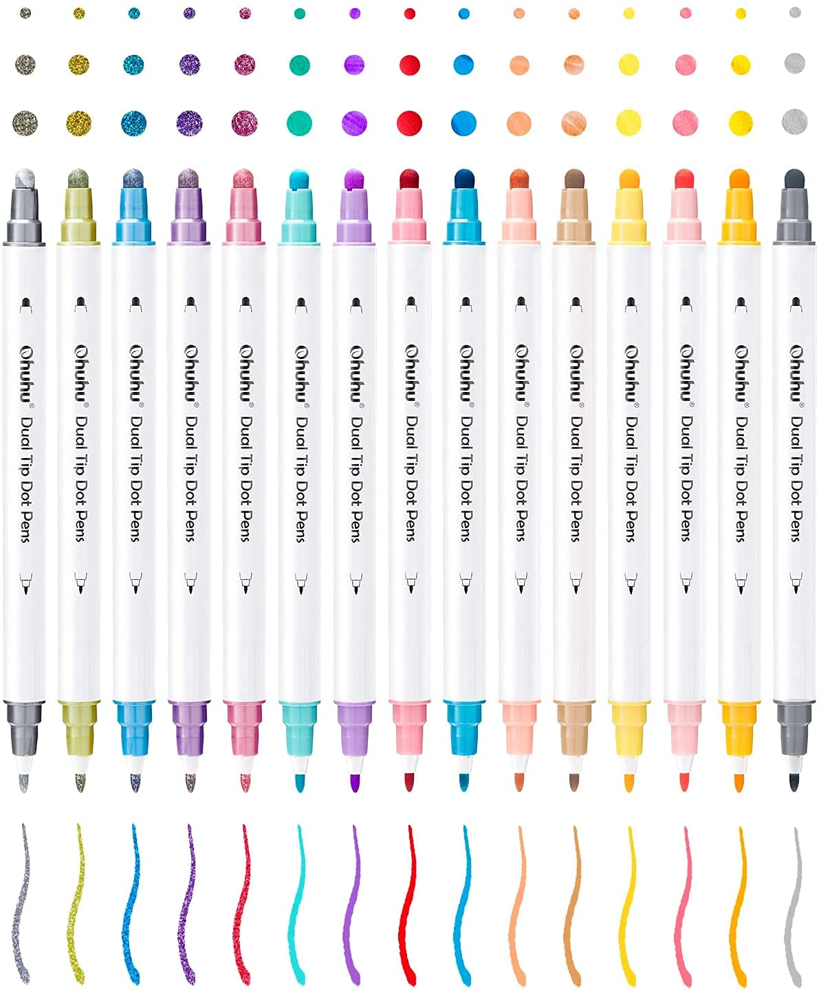 Ohuhu ドットペン 15色セット 0.5mm 押し ドットマーカー メタリックと基本色 ドット カラーペン 水性ペン お絵かきセット DIY メモ 塗り絵 ...