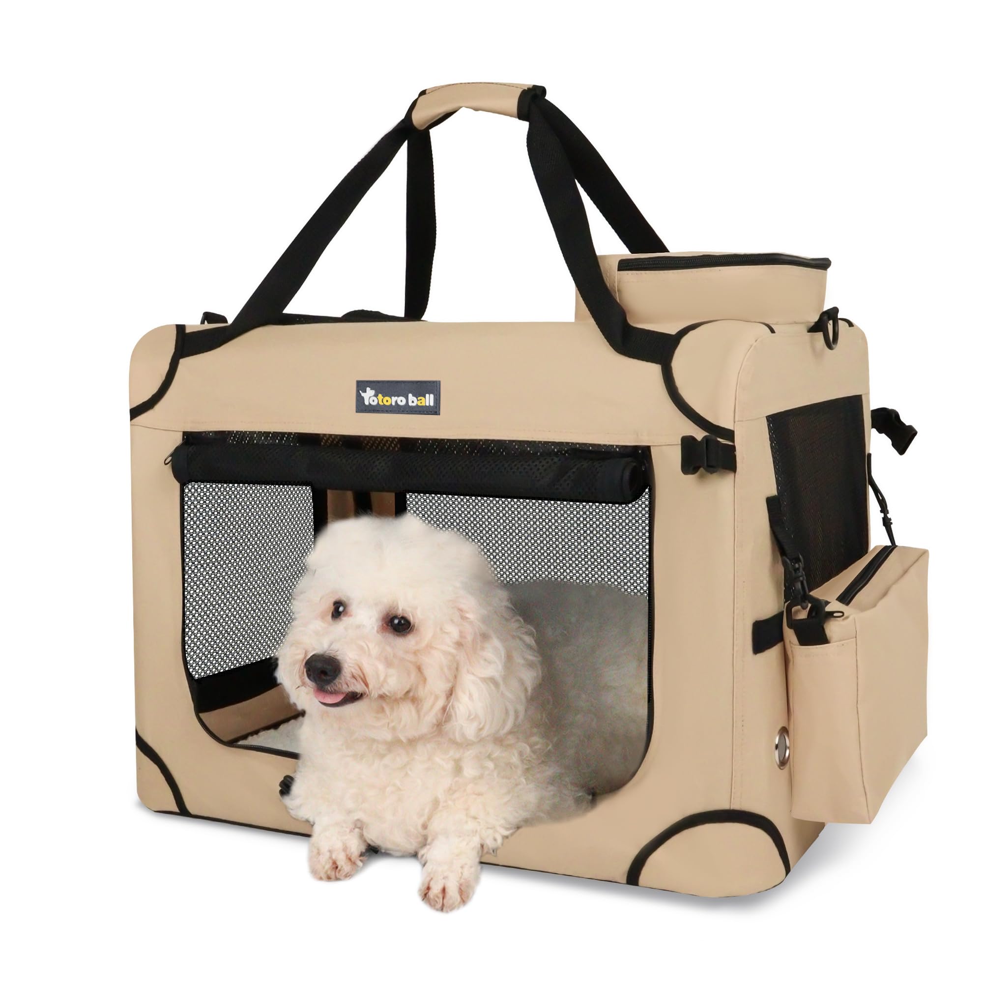 Totoro ball 折りたたみペットケージ 犬ケージ 犬用クレート ソフトクレート ロック付き 5面メッシュ 折りたたみ簡単 給水ボトルバンド付き (ベージュ, M（60L x 40W x 40H cm）)
