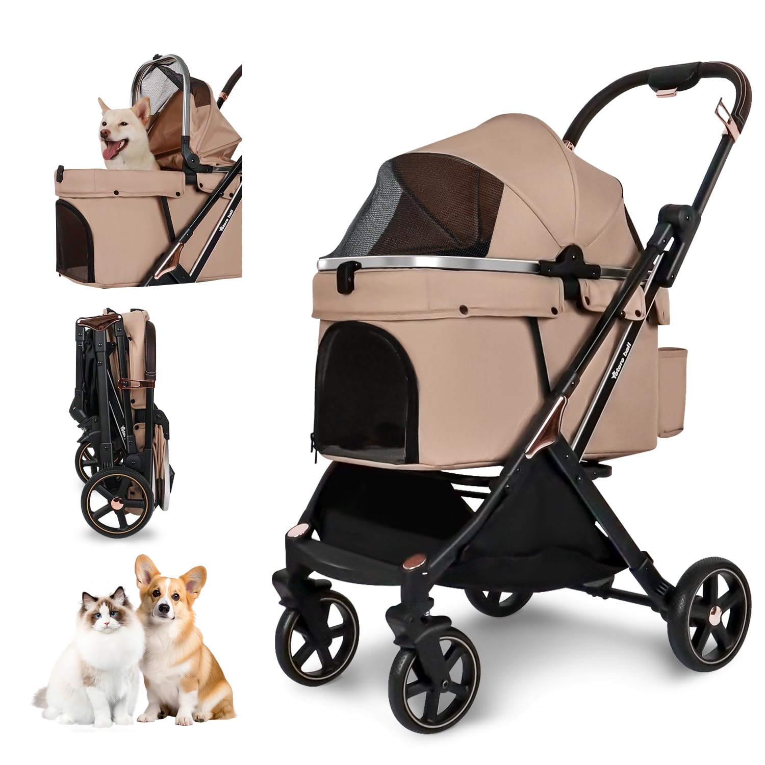 Totoro ball ペットカート 犬 バギー 4輪 犬用カート 中型犬 小型犬2匹 猫 飛び出し防止リード2本付き 耐荷重30Kg 一体型 ワンタッチ折り畳み コンパクト收・ 自立式 広い空間 組み立て簡単 18か月保証期間 介護用 お出かけ 散歩 キ