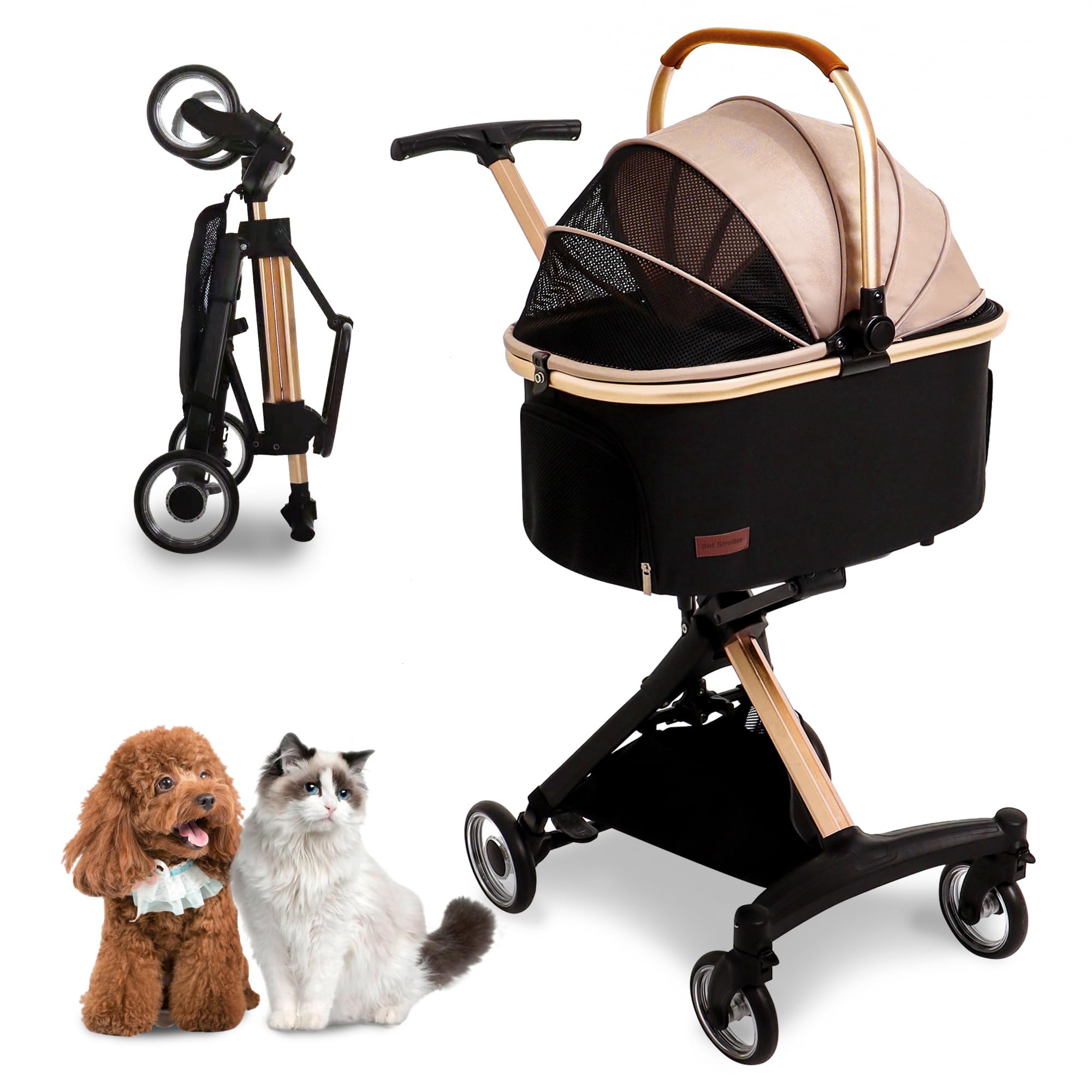 Totoro ball ペットカート 分離型 犬 猫用 バギー いぬ用 コンパクト 軽量 組み立て簡単 折り畳みわんタッチ2way 前輪360°回転 後輪ブレーキ付き 耐荷重20Kg 猫 小型犬多頭 中型犬 散歩 外出便利 (ベージュ)