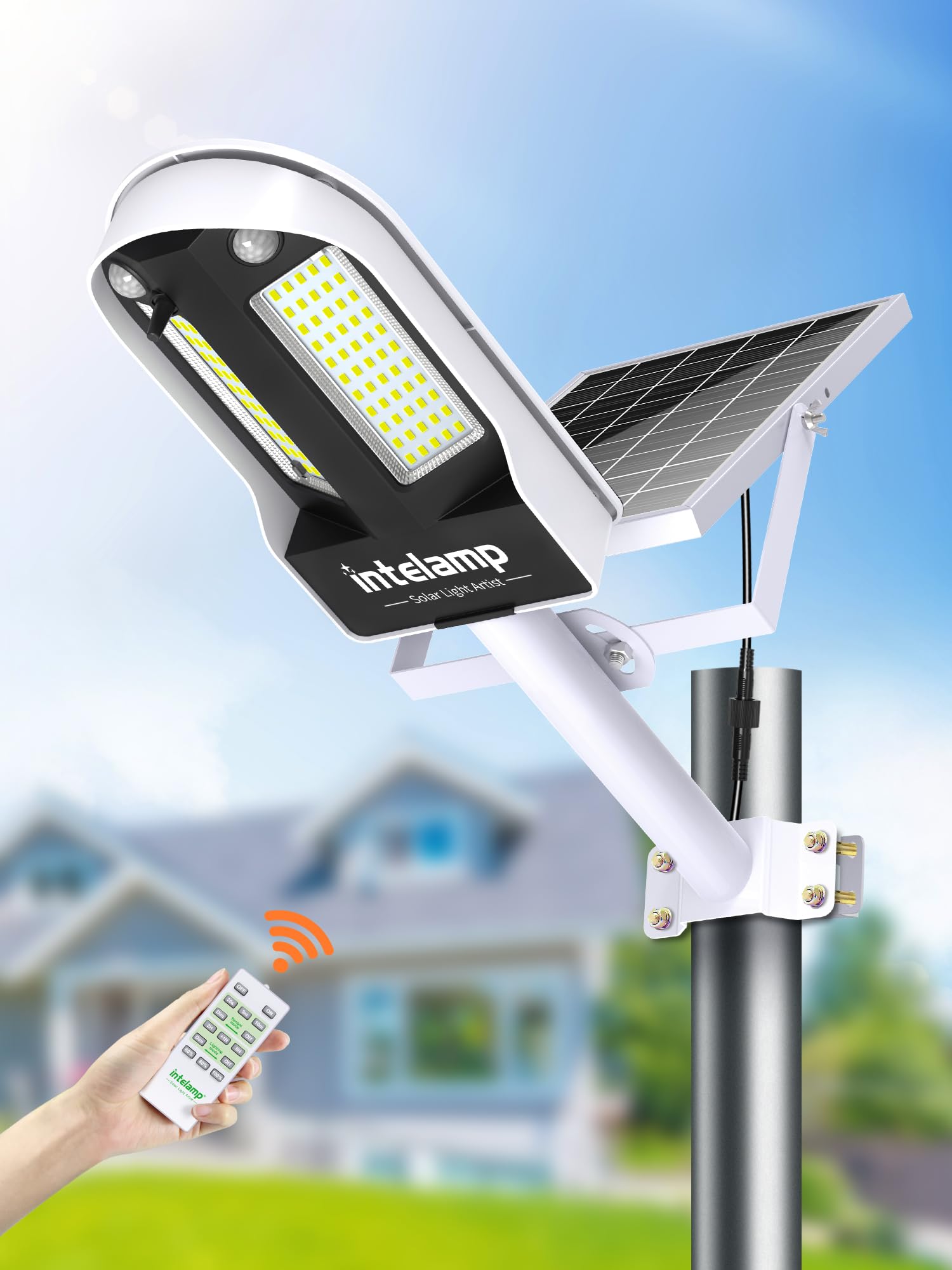 intelamp ソーラー街灯 人感センサー 6500K昼光色 照明 リモコン付き 長時間点灯 高輝度LED IP65防水 180°広角検知・デュアルPIRセンサー（
