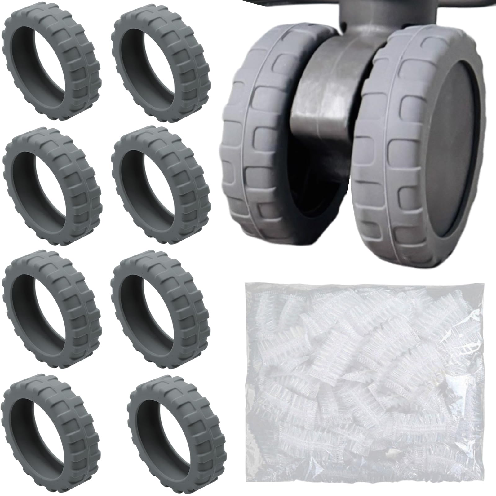 Senteria スーツケース カバー タイヤカバー キャスターカバー キャスター 8個セット 使い捨てキャスターカバー（約50枚）付き 車輪カバー シリコン キズ防止 転がり防止 荷物保護 地面保護 帰省 出張 旅行 便利グッズ グレー S（4.3~5.