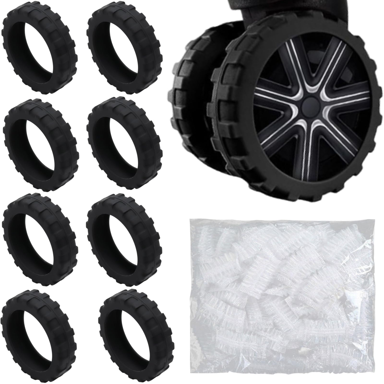 Senteria スーツケース カバー タイヤカバー キャスターカバー キャスター 8個セット 使い捨てキャスターカバー（約50枚）付き 車輪カバー シリコン キズ防止 転がり防止 荷物保護 地面保護 帰省 出張 旅行 便利グッズ ブラック M（ 5.5~