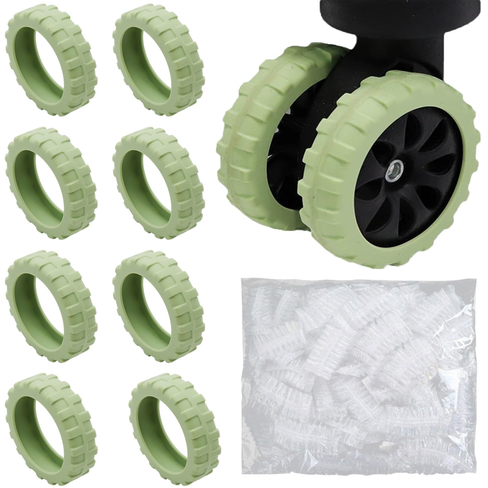Senteria スーツケース カバー タイヤカバー キャスターカバー 8個セット 使い捨てキャスターカバー（約50枚）付き 車輪カバー シリコン キズ防止 転がり防止 荷物保護 地面保護 帰省 出張 旅行 便利グッズ グリーン M（ 5.5~6.8cmの