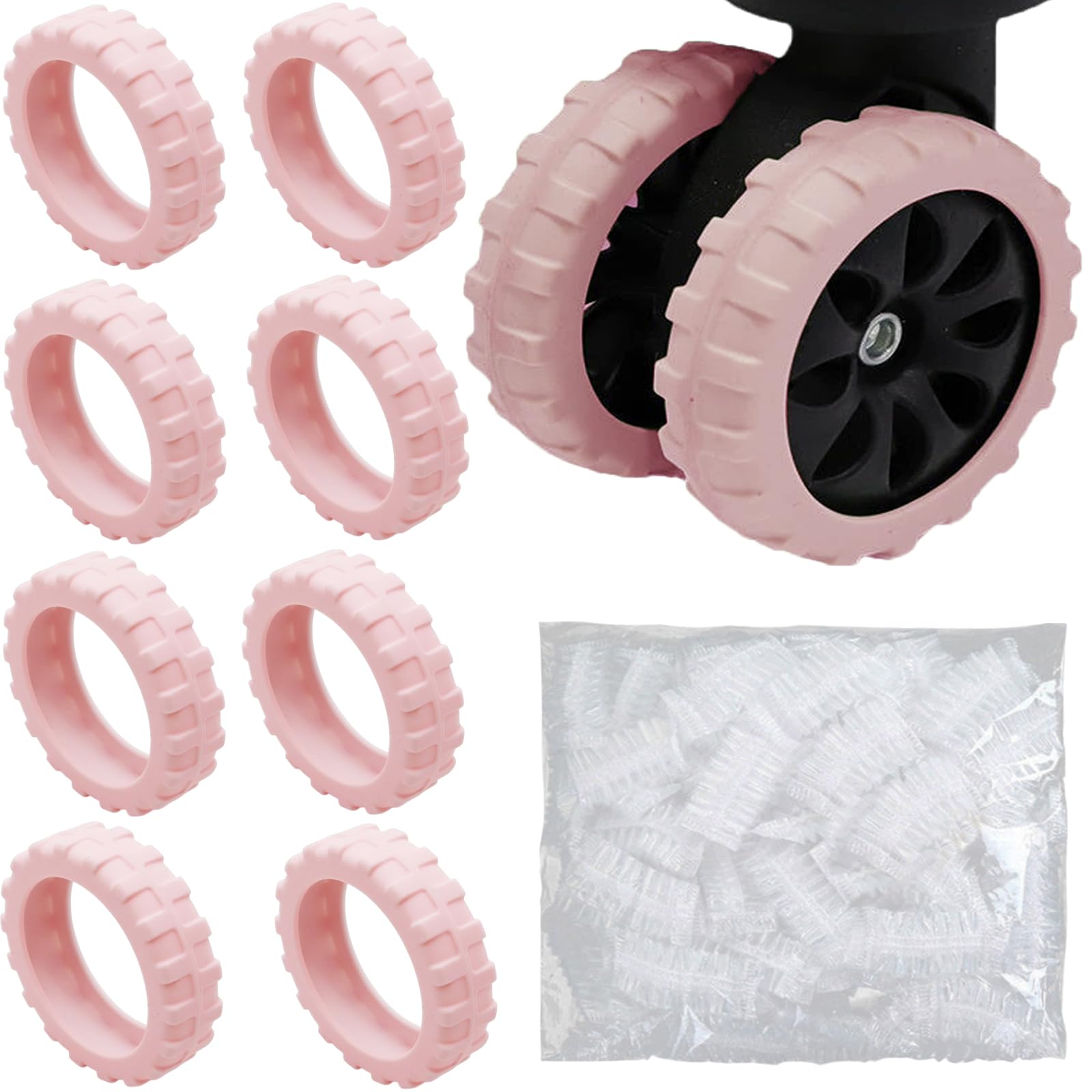 Senteria スーツケース カバー タイヤカバー キャスターカバー キャスター 8個セット 使い捨てキャスターカバー（約50枚）付き 車輪カバー シリコン キズ防止 転がり防止 荷物保護 地面保護 帰省 出張 旅行 便利グッズ ピンク S（4.3~5.