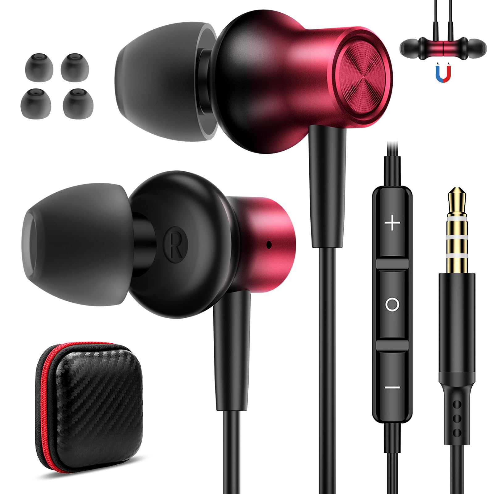 イヤホン 有線 マイク 付き 3.5mm カナル型 対応iPhone/iPad/iPod/Android PC用 有線イヤホン 3.5mmイヤホンジャック 通話可能 リモコン 音量調節 対応AQUOS sense 9 8/Xperia/xiaomi Red