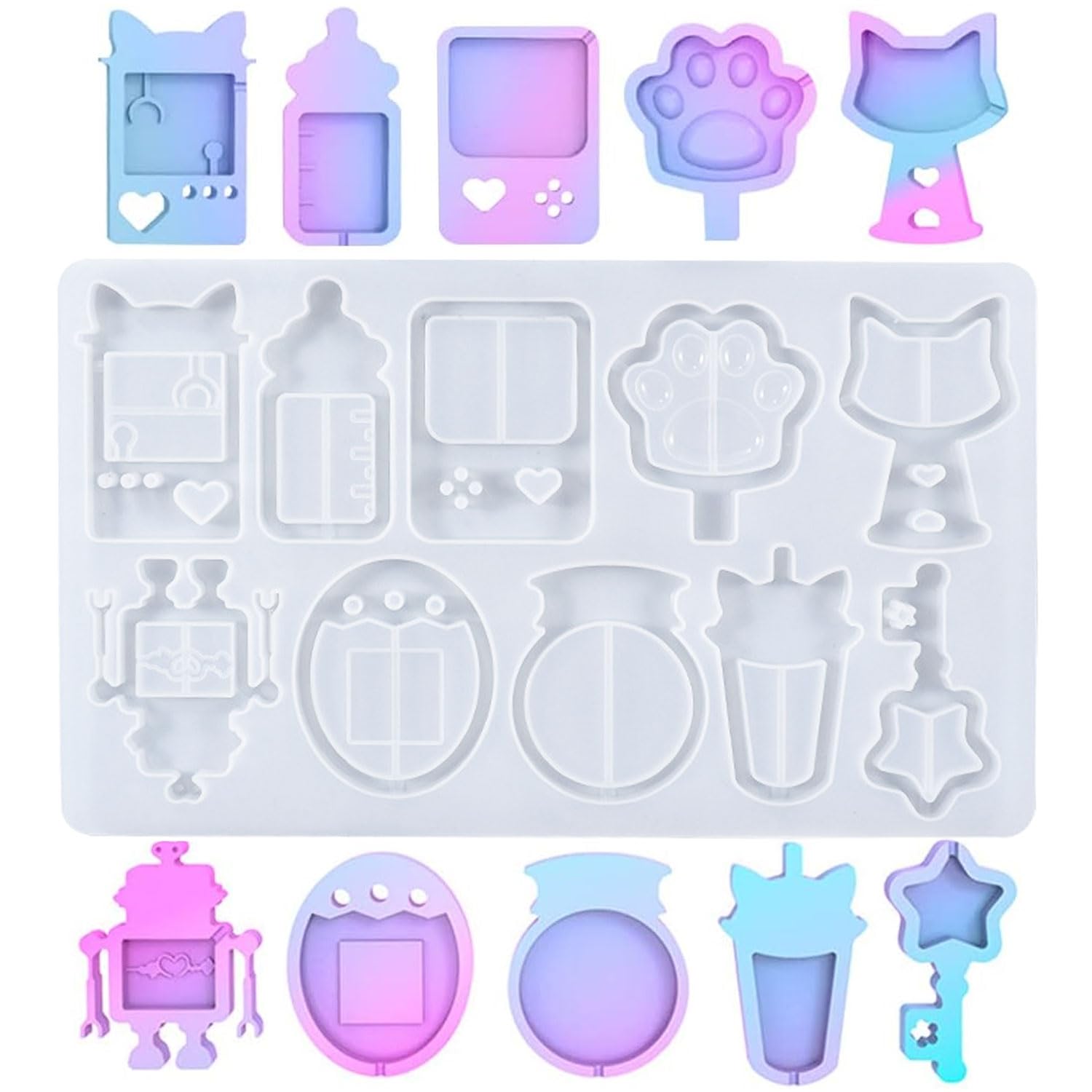 レジン シリコンモールド レジン 型 10種類 樹脂金型 流砂金型 ロボット内部ロッキング ゲーム機 哺乳瓶 UFO キャッチ 猫耳 かわいい ..