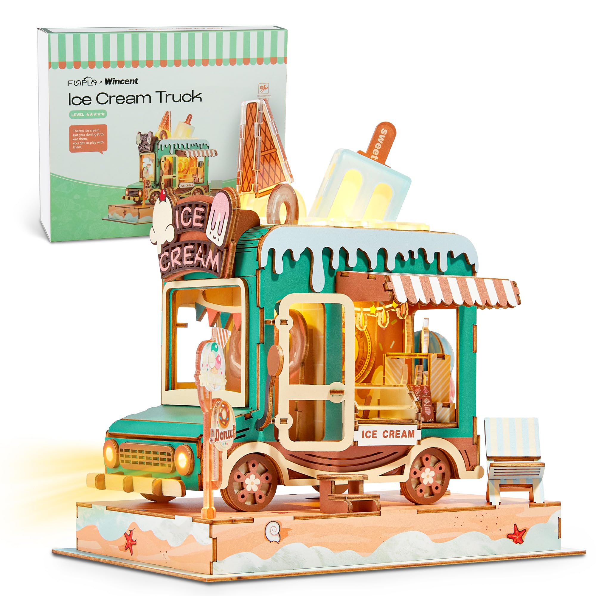 FUNPOLA 立体パズル 3Dパズル 木製パズル DIYミニチュア クラフトキット 組み立てキット LEDライト付き 手作り 家の装飾 知育玩具 子供と大人向け 説明書付き 贈り物 ギフトアイデア 184PCS (アイスクリームの車)