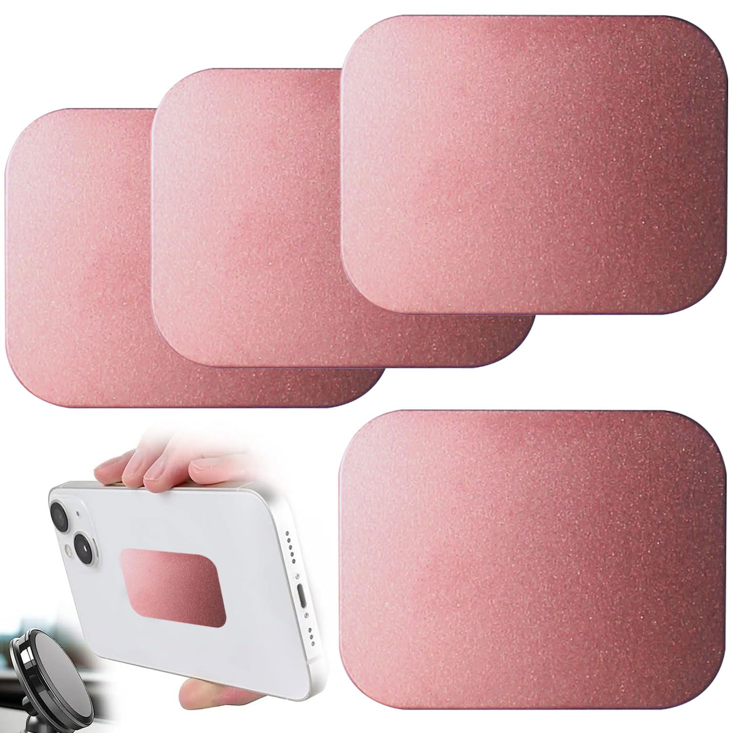 メタルプレート マグネット式 4枚セット 薄い 携帯電話用メタルプレート マグネットホルダー用メタルプレート 粘着固定 各種カラーあり 丸型・角型 (桃色-四角)