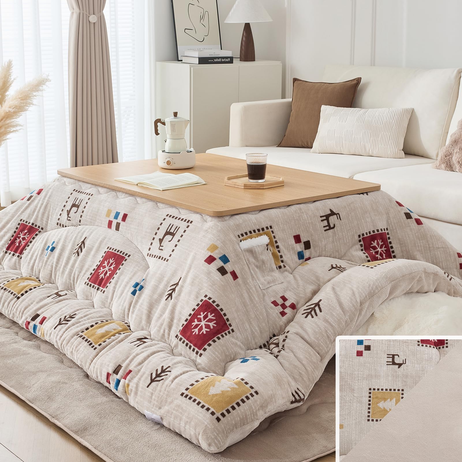 VK Living こたつ布団 長方形 単品185×235cm 中綿1.8kg 【SUPER HOT】 発熱綿使用+LockHeat速暖発熱繊維 撥水加工 ポケット付き フィットキルト こたつ掛け布団 リバーシブル 両面使える フランネル 24時間持続制菌