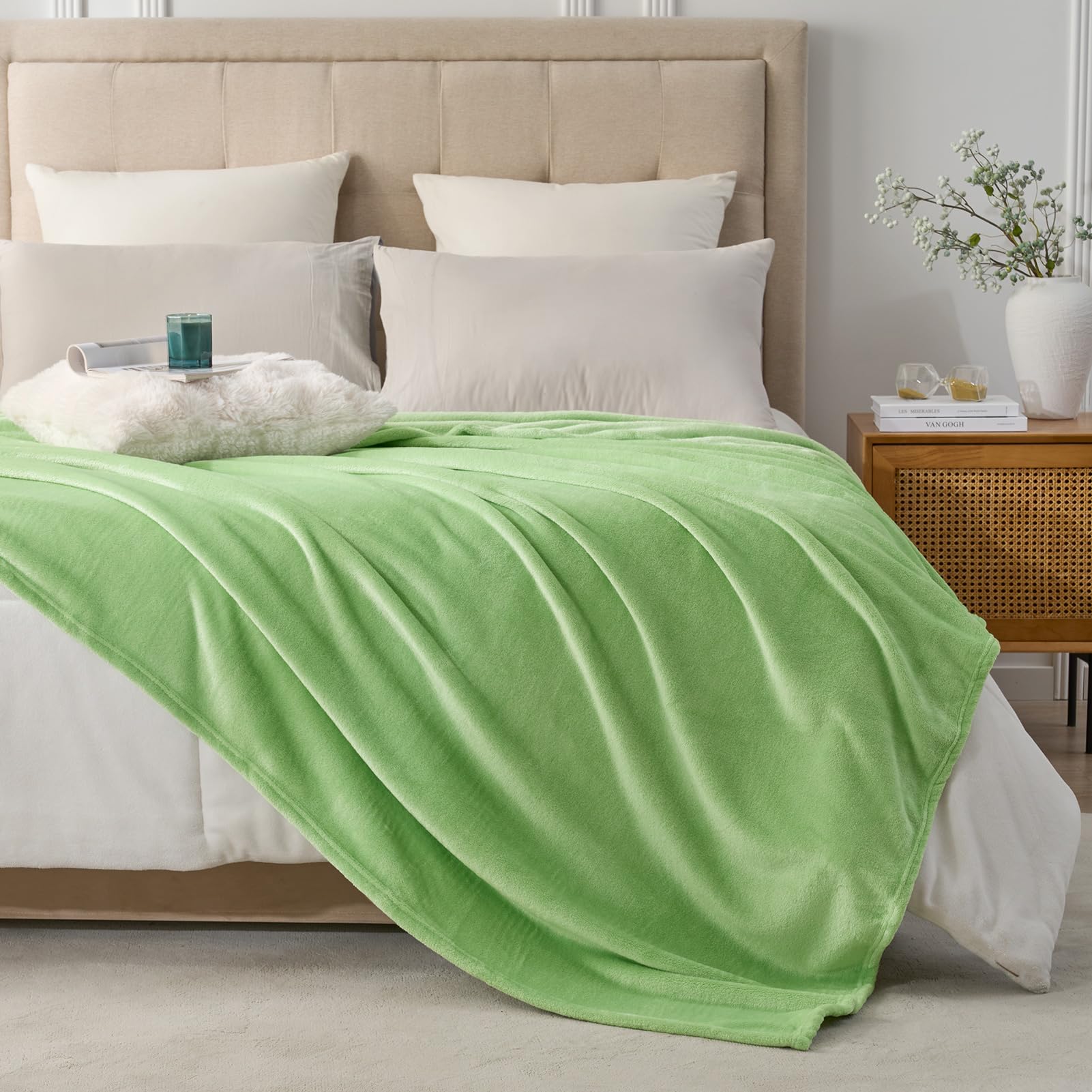 Hansleep 毛布 もうふ 冬用 ダブル ブランケット 大きめ 200x220cm 大判 グラスグリーン マイクロファイバー 柔らかく 肌触り フランネル 洗える 軽量 静電防止 四季適用 (220x200,グラスグリーン)