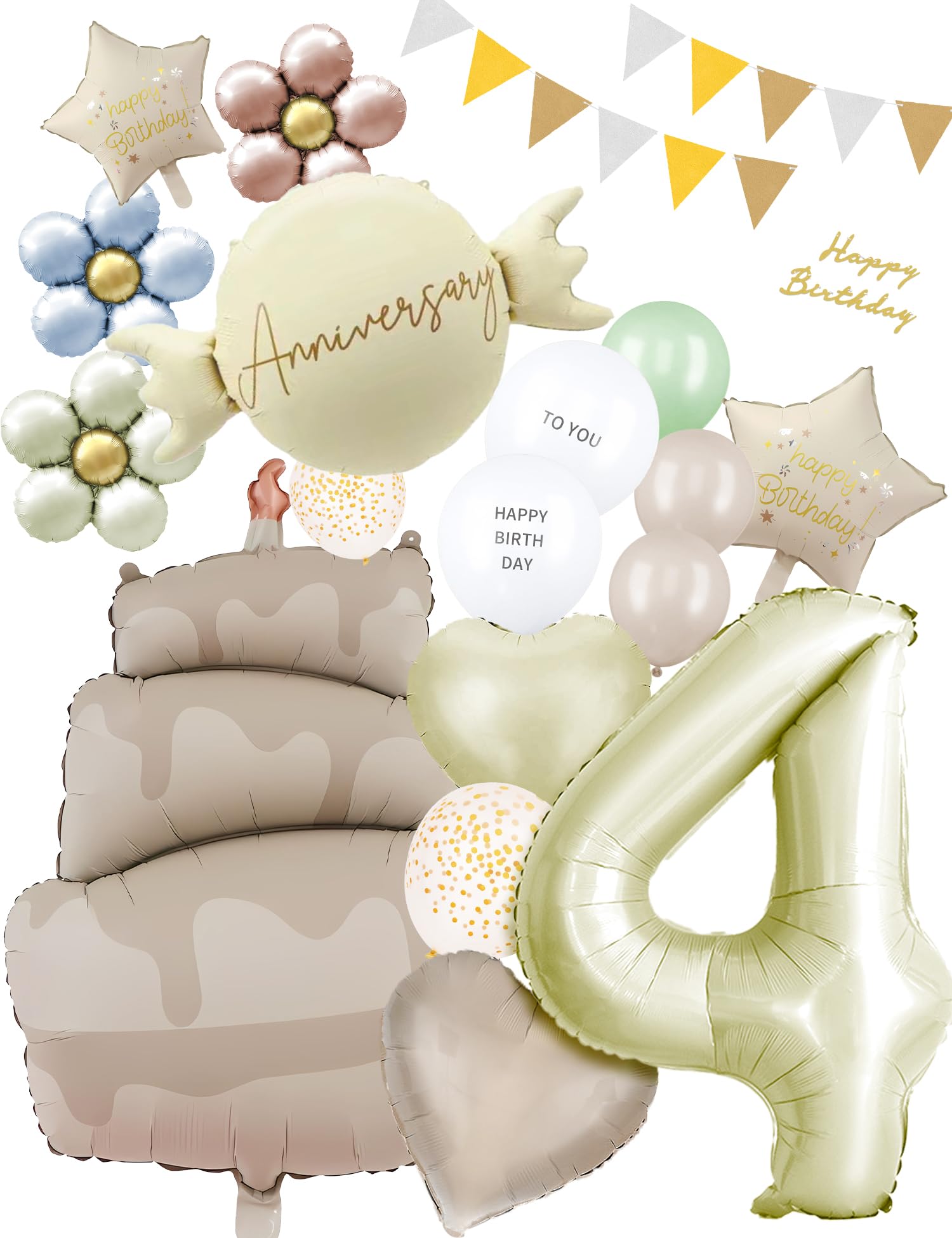 誕生日 バルーン バースデー 飾り付け 4歳 happy birthday ガーランド大きい 数字 バルーン 65cm くすみホワイト ケーキ風船 21点セット バースデーバルーン バースデー 風船 くすみ ニュアンスカラー デコレーション 紙吹雪風船 セ