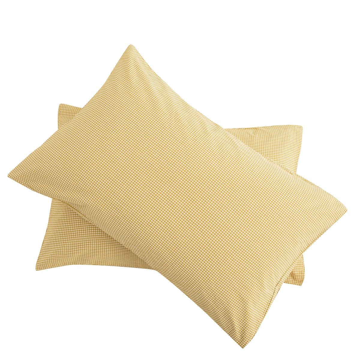 【枕カバー 2枚組】オーガニックコットン ピロケース 洗いざらしの綿100% 枕カバー2枚 50x70cm 防ダニ 抗菌防臭加工 封筒式 ギンガムチェック イエロー