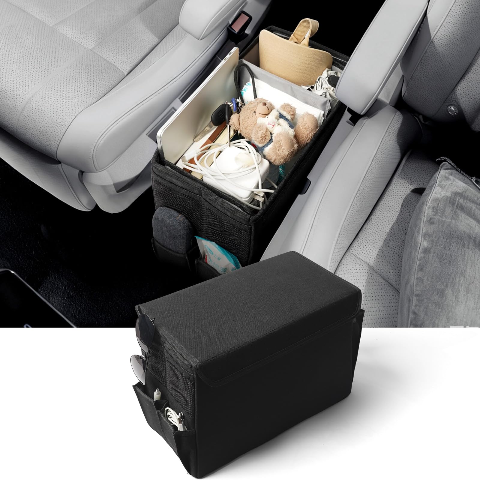 コンソールボックス 車 収納ボックス ティッシュケース ゴミ箱 足置き 4WAY 車内収納 小物入れ 荷物置き 車内整理 車中泊 便利グッズ 車収納ボックス 助手席 シートボックス コンパクト 多機能 折り畳み 蓋付き Mサイズ