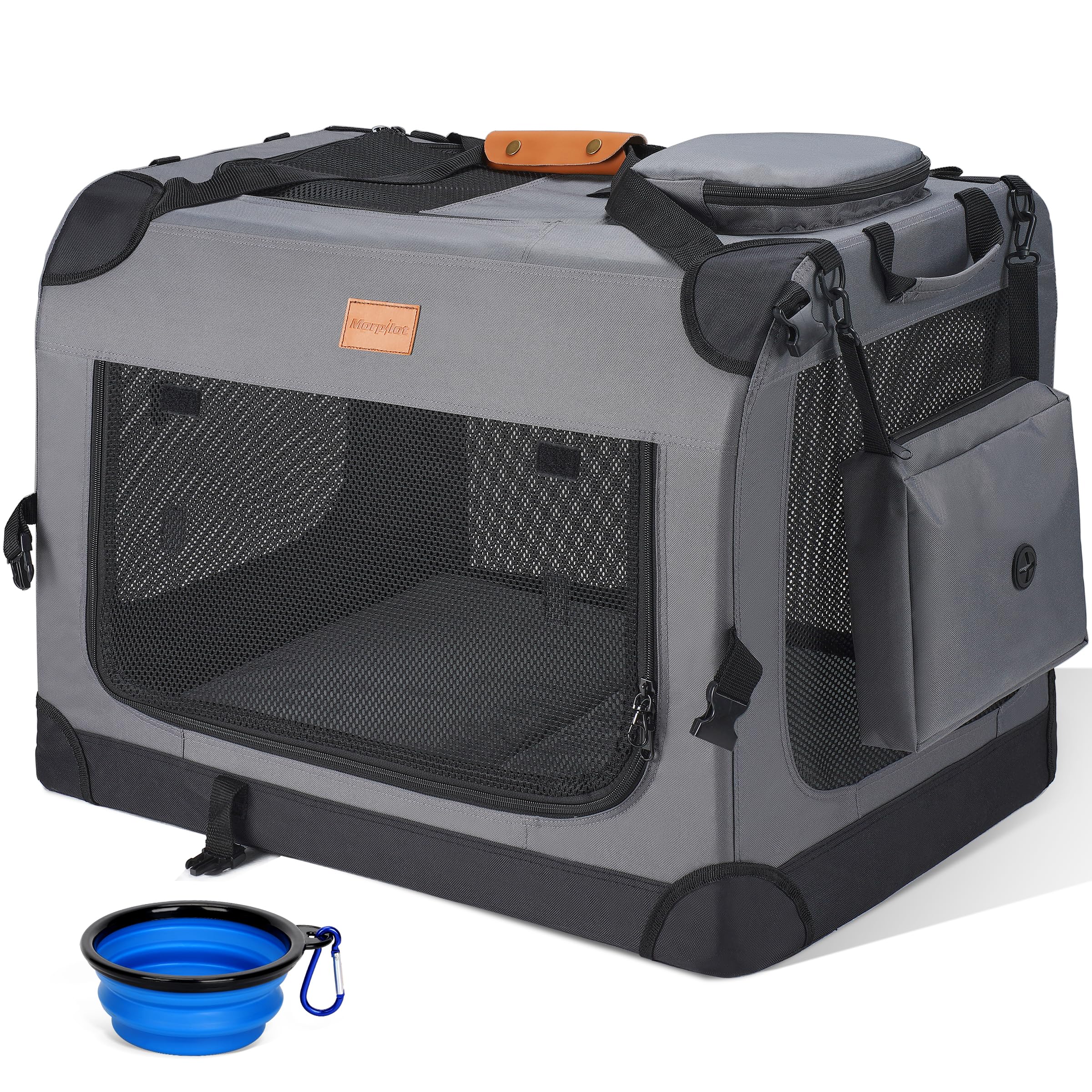 Morpilot 犬用キャリーバッグ ソフトクレート 犬用クレート 犬用キャリーケース 折りたたみ ペットケージ 猫用キャリー カート 持ち手付き 犬猫兼用 多面メッシュ 中小型犬・猫2匹 32kgまで『車載、旅行、避難、アウトドア、室内休憩、帰省で活用、