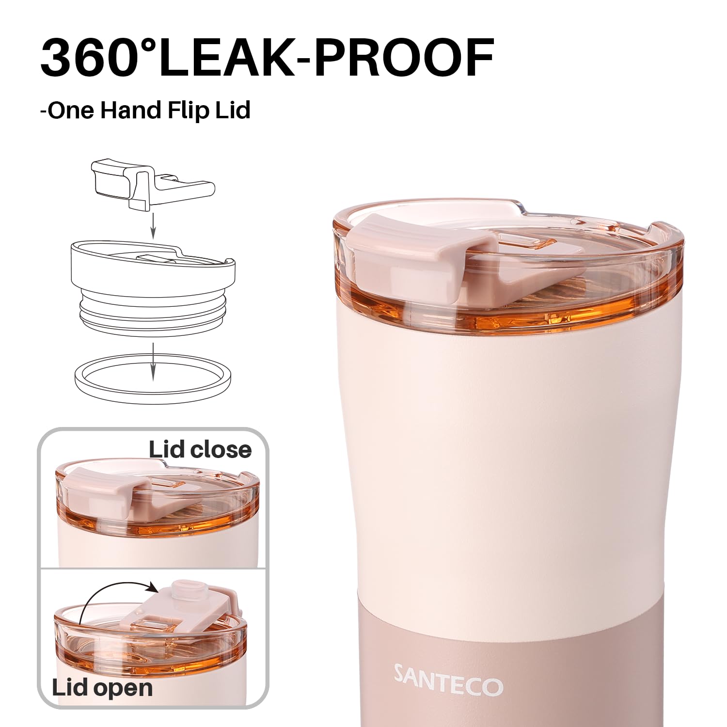 SANTECO タンブラー 500ML ステンレス 広口 真空断熱カップ 保温 保冷 ふた付き コーヒーカップ 水筒 マグボトル 車用 アウトドア KARIBA ライトピンク 3