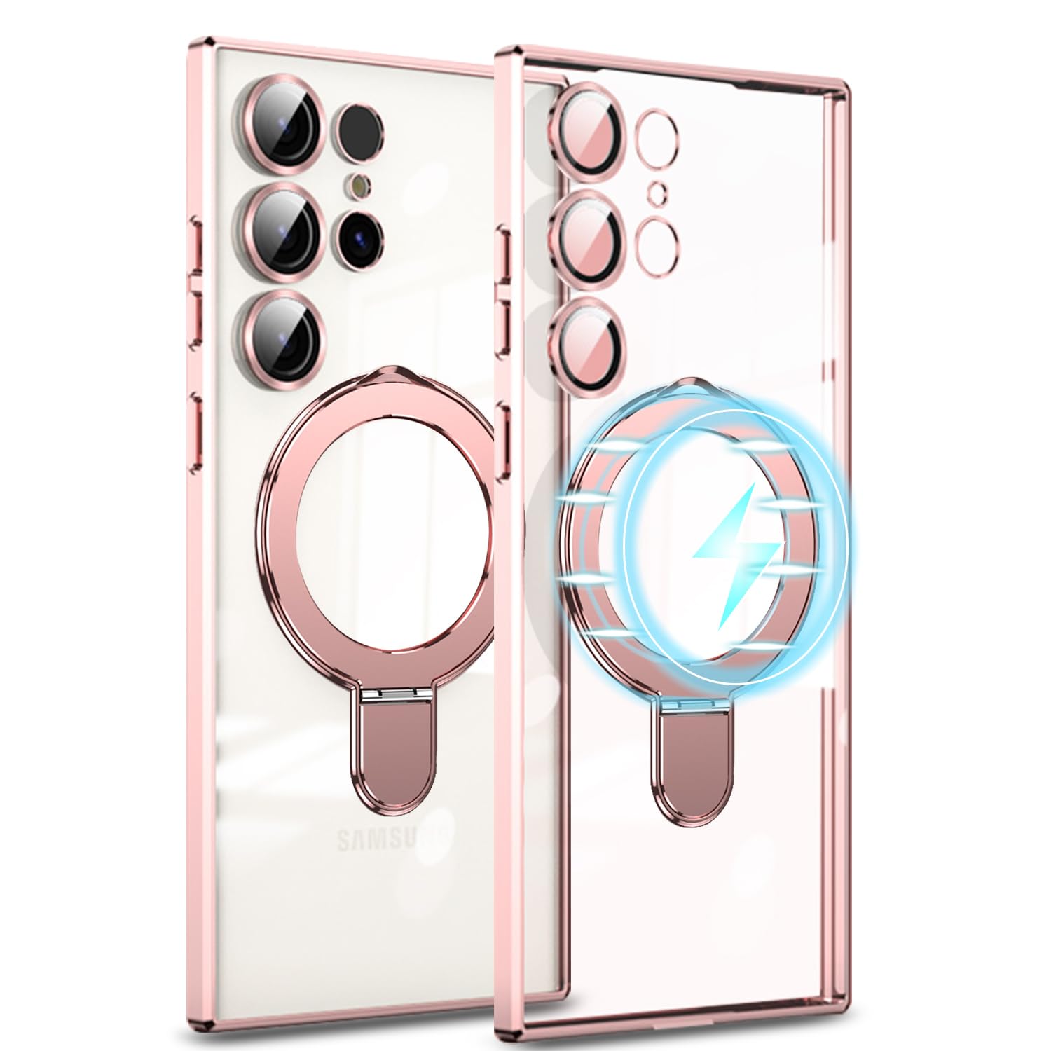 MuZiF Samsung Galaxy S24 Ultra 用 ケース リング付き MagSafe対応 クリア メッキ加工 カバー 車載ホルダー対応 多機能 レンズ保護 薄型軽量 耐衝撃構造 透明柔らかいTPU アイフォンS24 Ultra 用 磁気カバ
